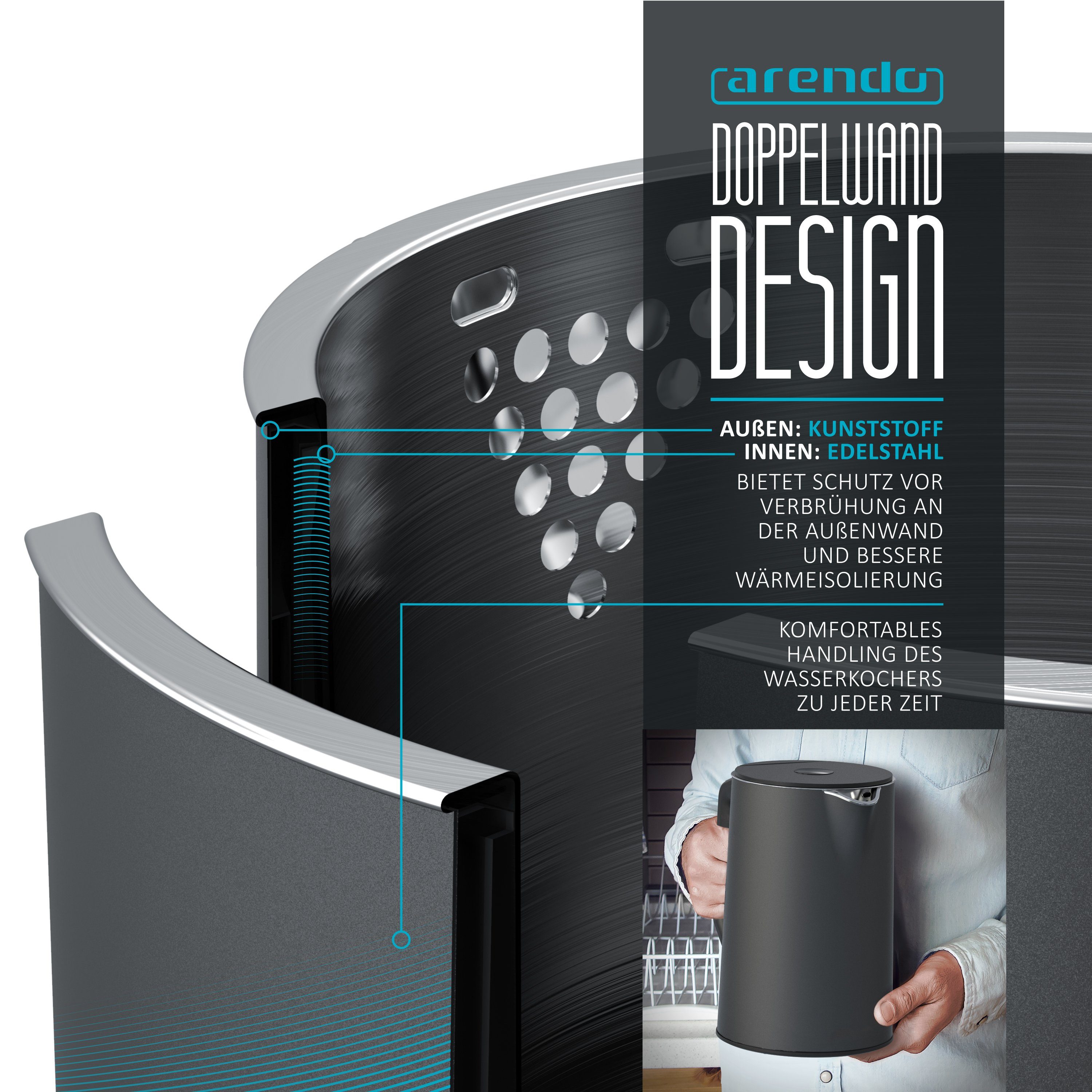 Arendo Wasserkocher Doppelwand, Edelstahl, Temperatureinstellung 40°–100°C mit Anzeige, 1,5 l, 2200 W, in 5 °C-Schritten einstellbar, Teekocher mit Temperaturanzeige