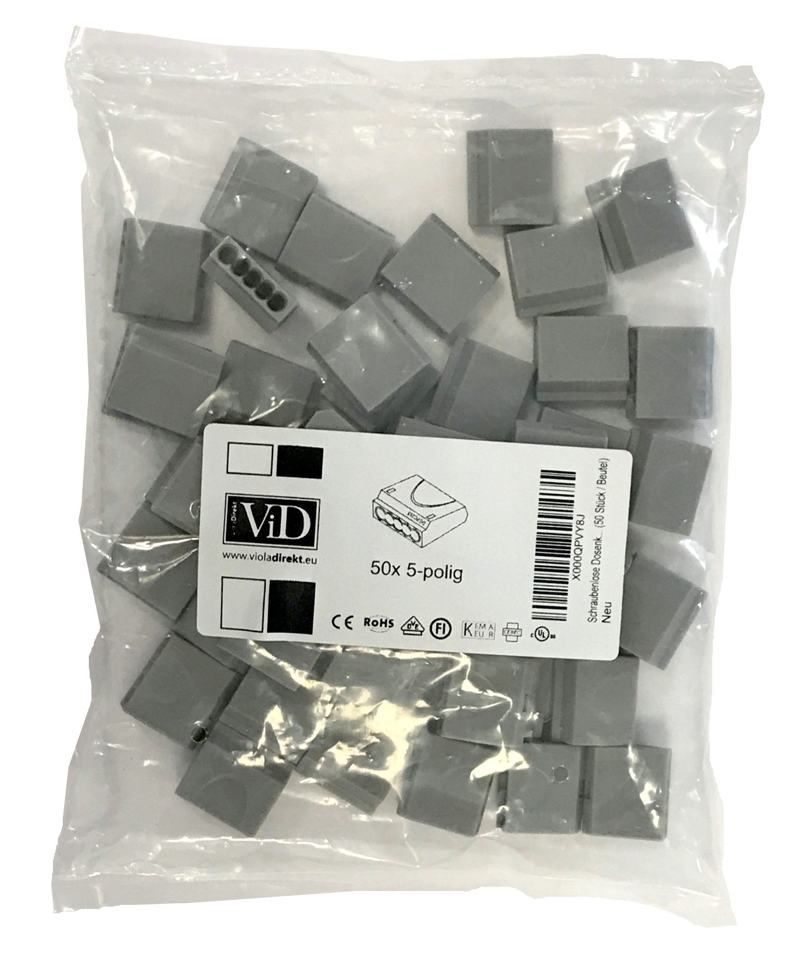 Verbindungsklemme Schraubenlose Dosenklemme 5 x 2,5 mm², grau, 50 Stk.