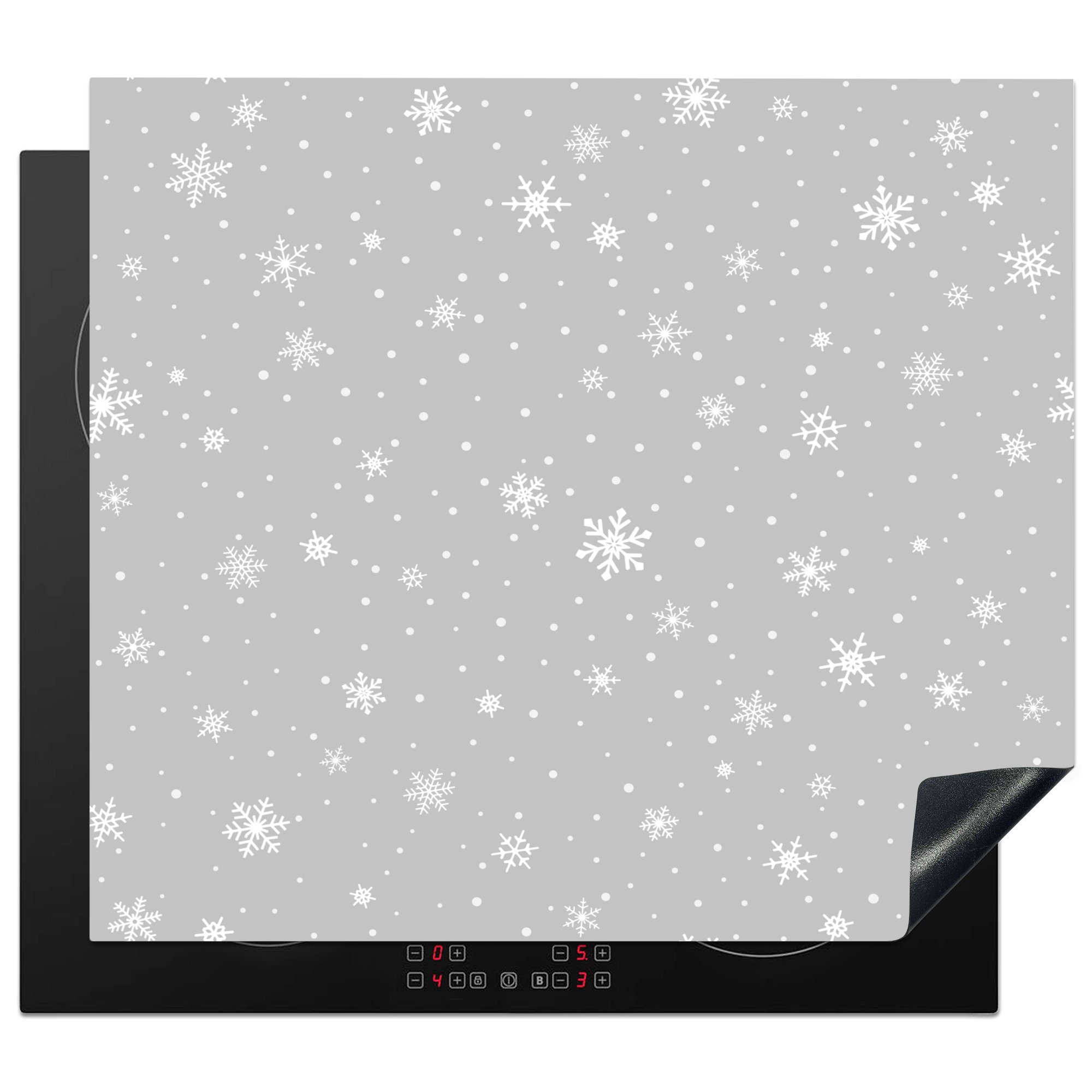 MuchoWow Herdblende-/Abdeckplatte Eine Illustration von - Mobile einem grauen 60x52 Hintergrund Ceranfeldabdeckung Schnee Vinyl, Arbeitsfläche schwarz, nutzbar, cm, (1 tlg), auf