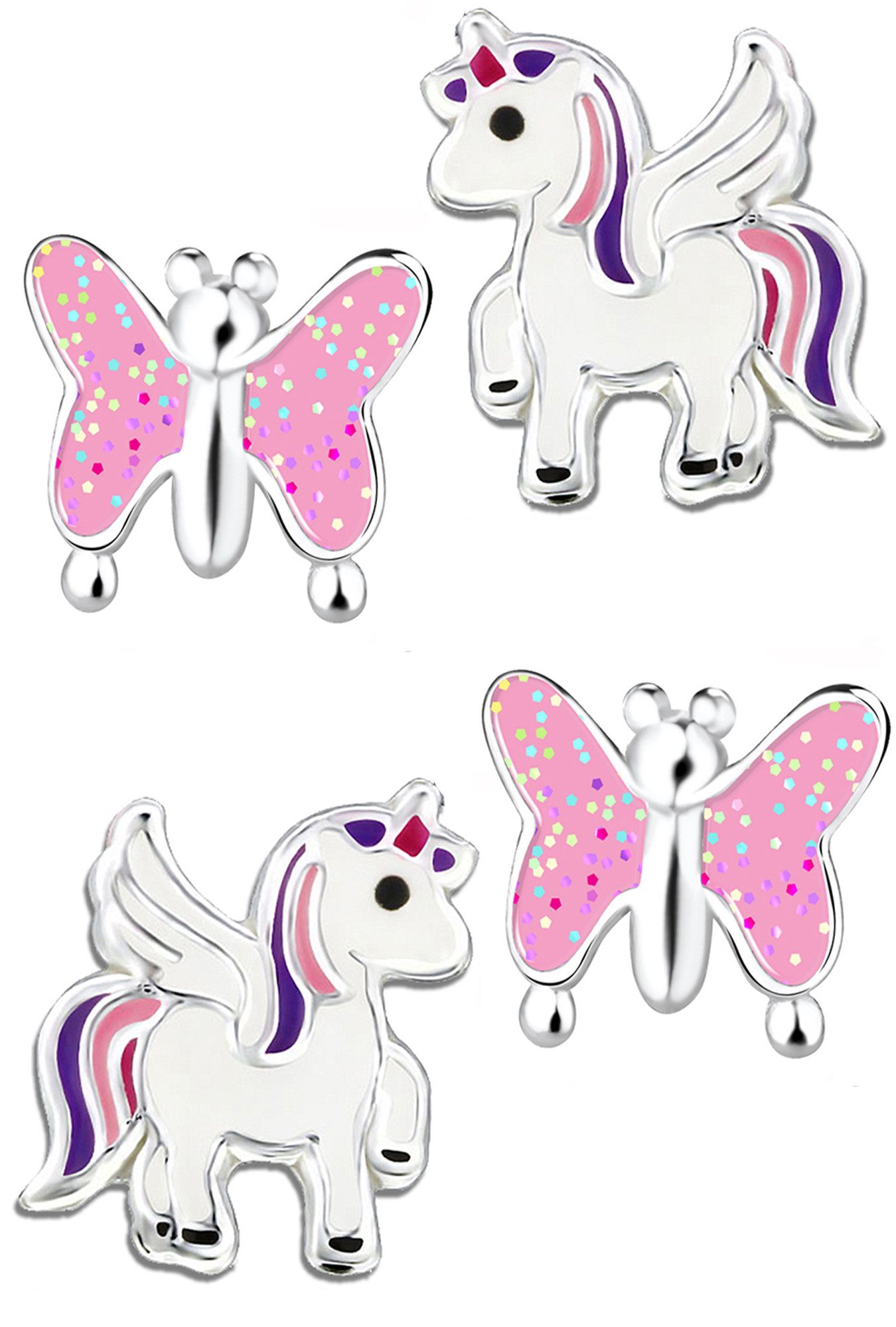 Limana Ohrstecker-Set 925 Silber Einhorn Pferde Schmetterling Kinderohrringe Kinderschmuck, Glitzer