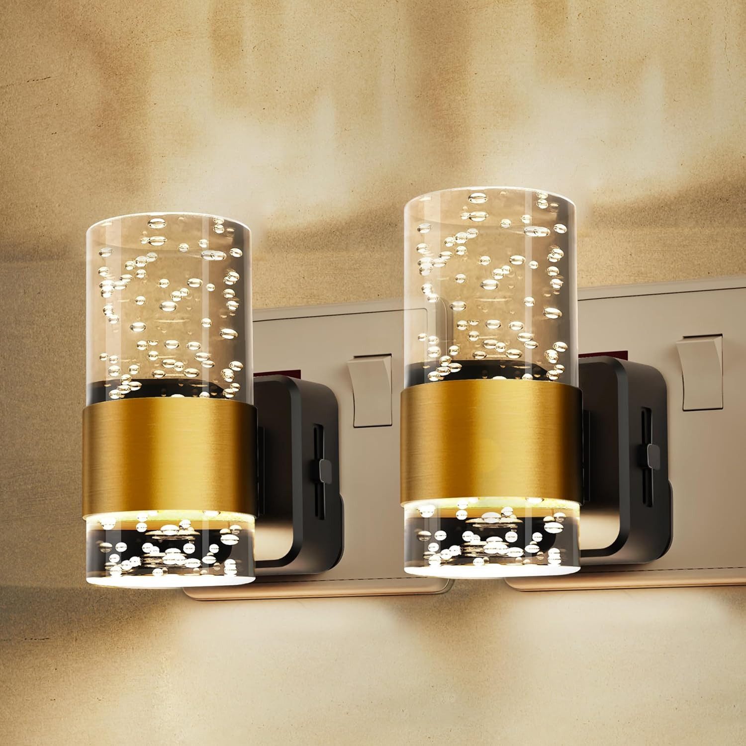 LOHAS-LED Nachtlicht 2er Set Stecknachtlicht mit stufenloser Dimmung, 2700K, LED fest integriert, Warmweiß, Gold-Akzent & blendfreie Auf-Ab-Beleuchtung