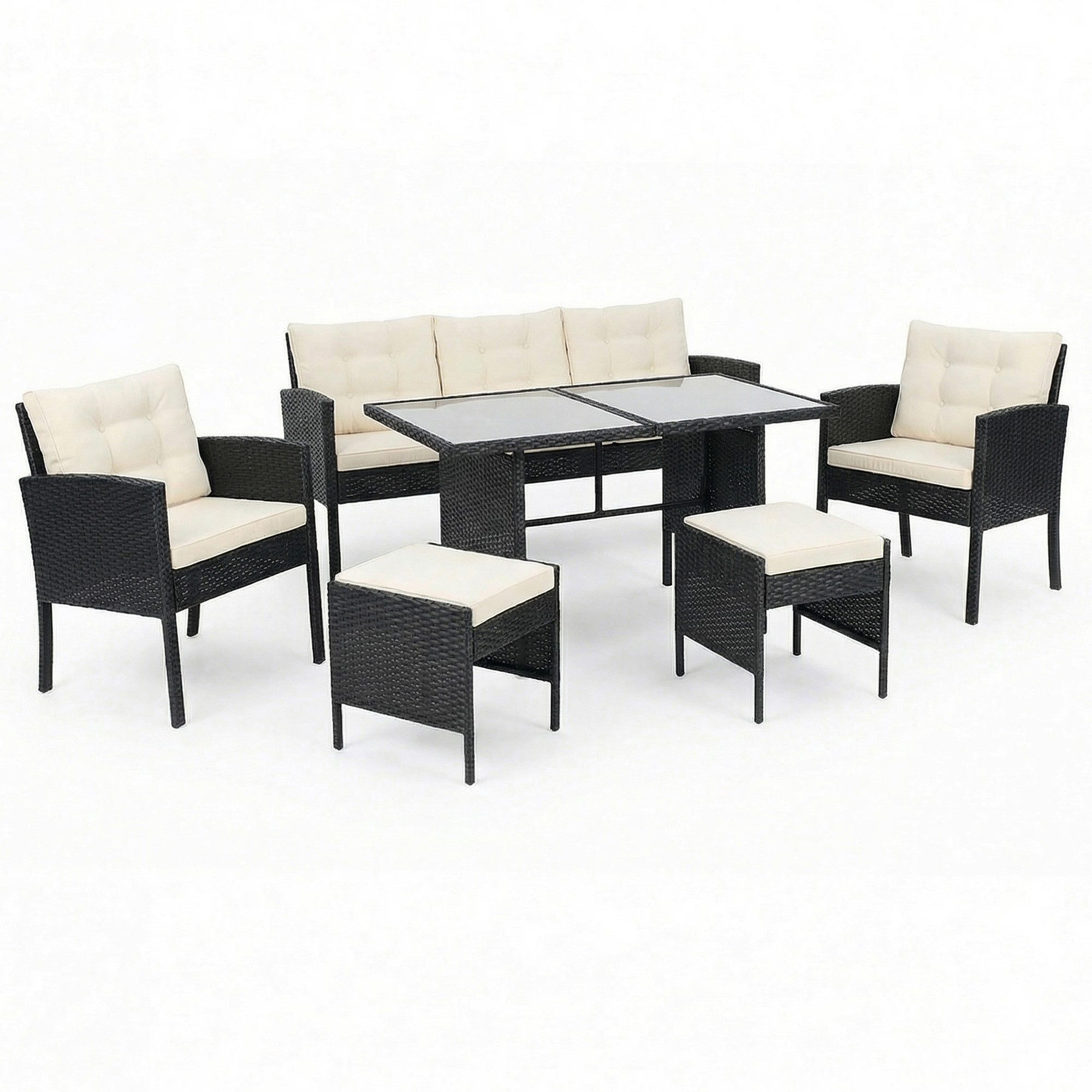 Swing&Harmonie Sitzgruppe Poly Rattan Sitzgarnitur Sydney Esstisch Lounge, (Gartenmöbel Garten-Garnitur Set, 1x Tisch + 2x Stühle + 1x Sitzbank + 2x Hocker), Essgruppe Outdoor