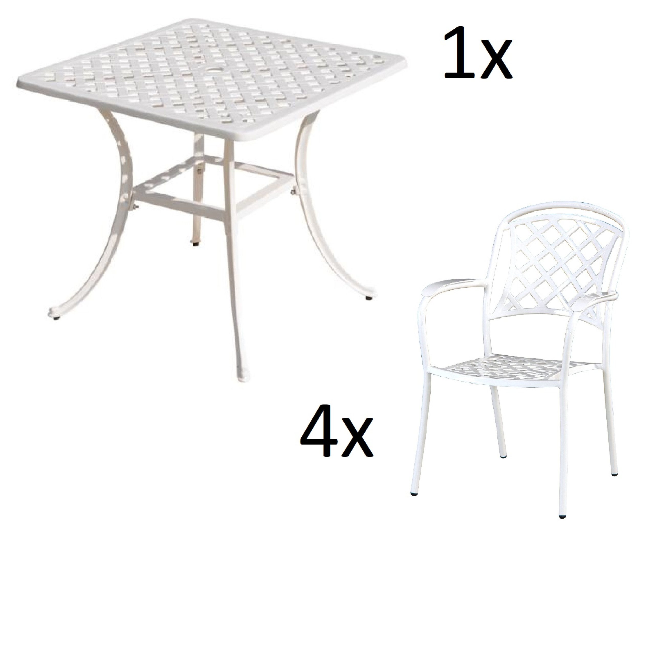 Inko Sitzgruppe Inko 5-teilige Sitzgruppe Aluminium Guss weiß Tisch 80x80cm mit 4
