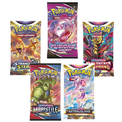 POKÉMON Sammelkarte, Pokémon Sammelkartenspiel - 5 x Booster Packung (gemischt & zufällig sortiert) DEUTSCH