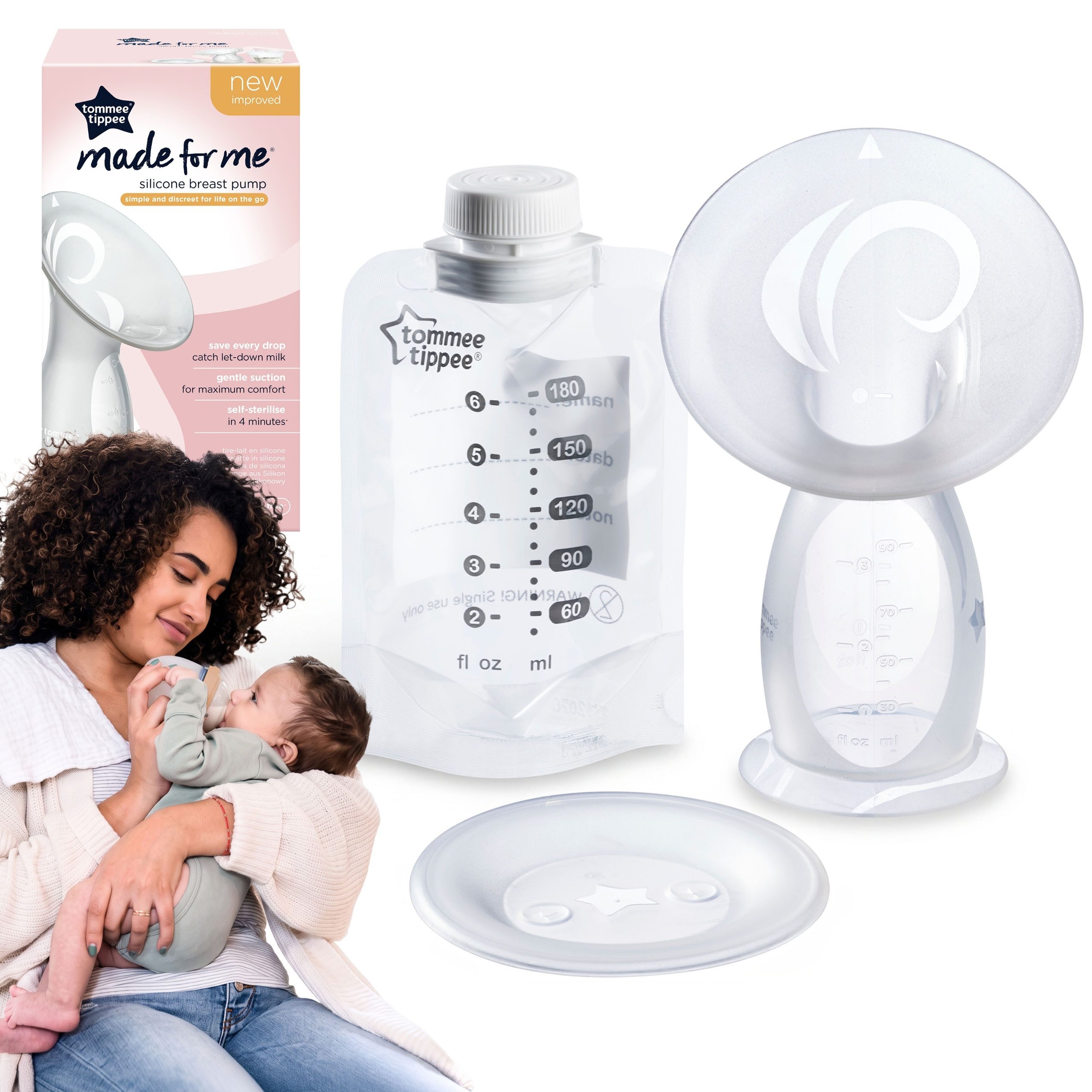 Tommee Tippee Handmilchpumpe Tommee Tippee Made For Me manuelle Milchpumpe, Silikon-Sammler, 100 ml