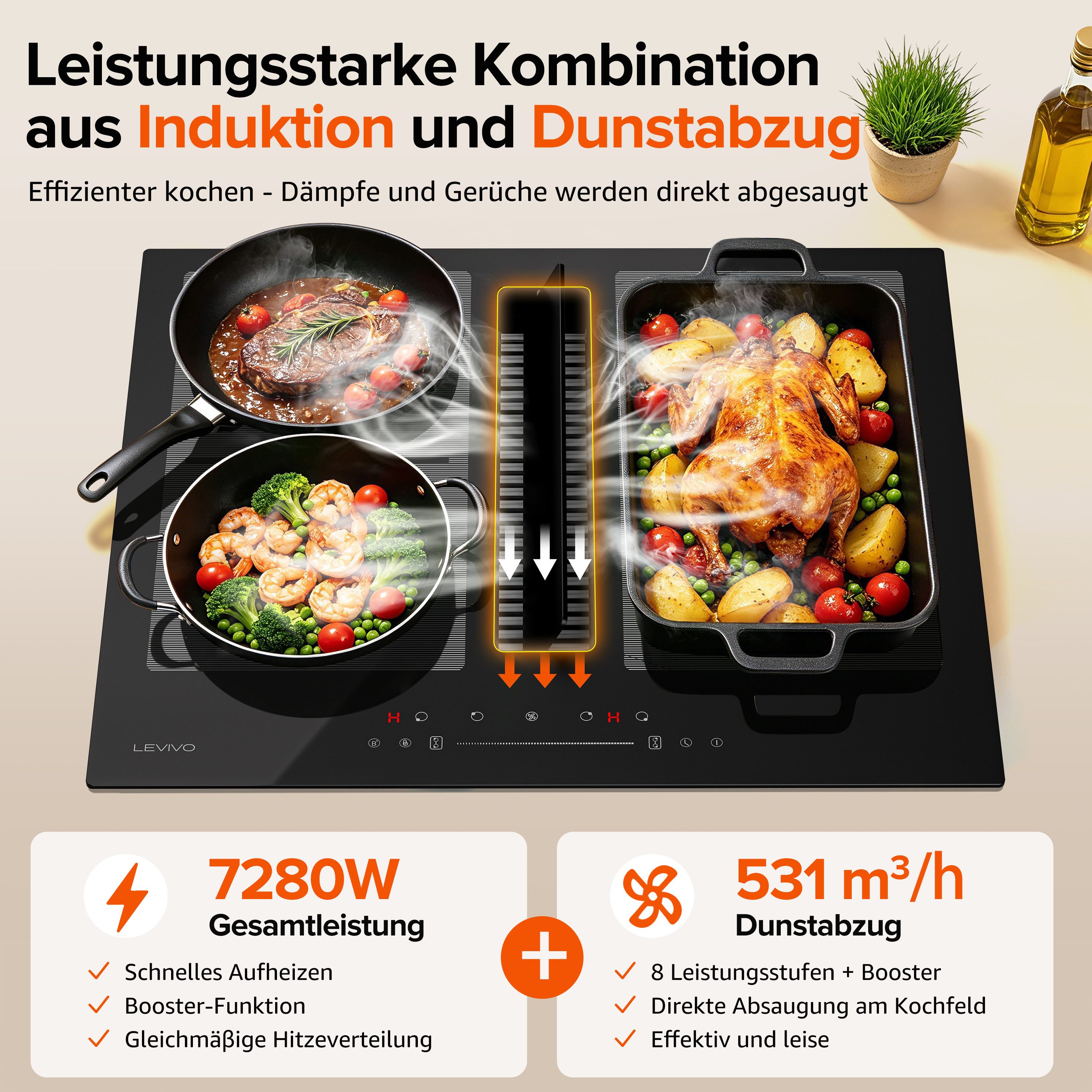 Levivo Induktions-Kochfeld Induktionskochfeld 60 cm mit 531 m³/h Dunstabzug, 9 Stufen & Booster, Touch-Control, Timer, Bridge Funktion, 7270 W