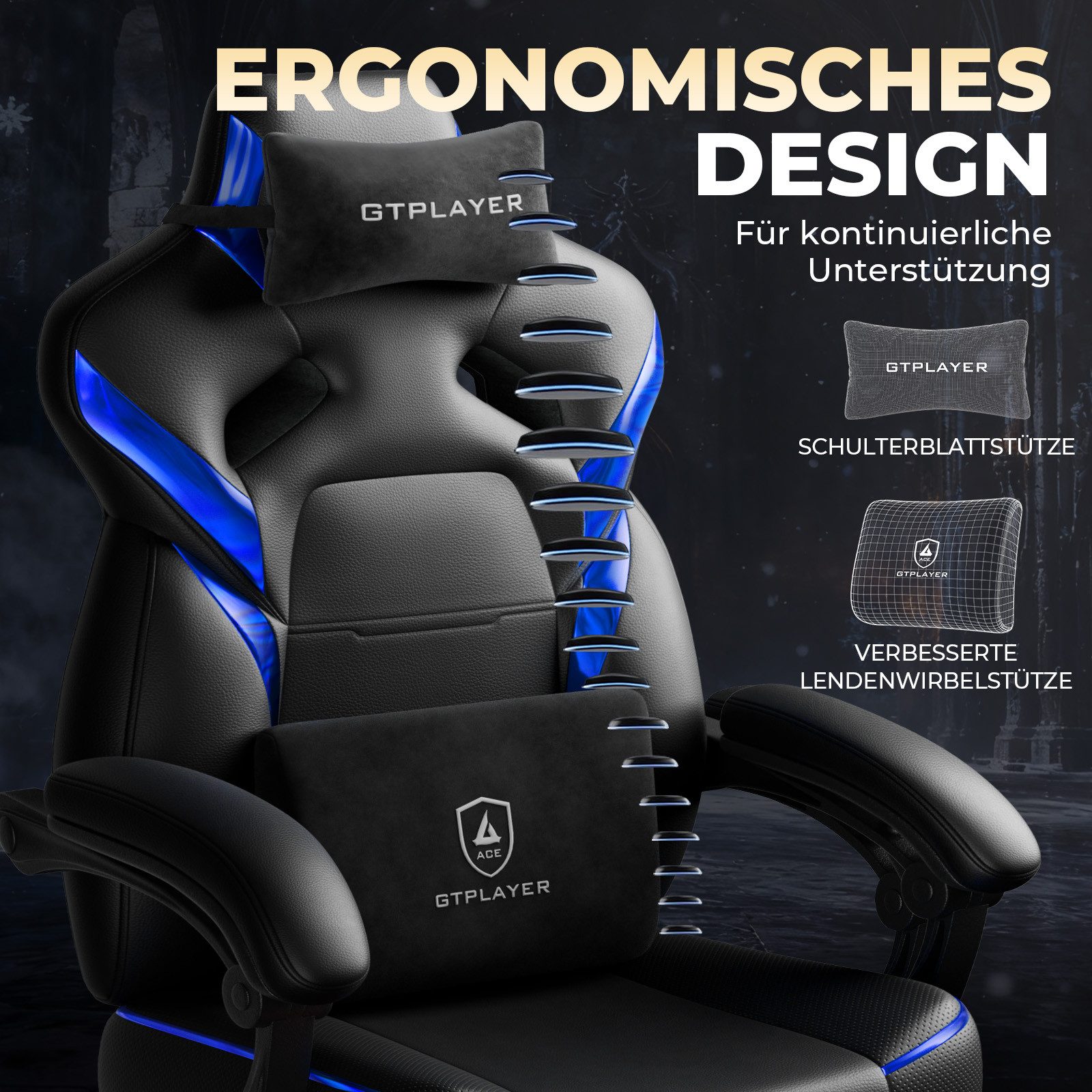 GTPLAYER Gaming-Stuhl Gamer Sessel Gamer Stuhl mit Fußstütze Lendenkissen Kopfstütze, Verstellbaren Armlehnen mit Fußstütze Gamingstuhl 150 Kg Drehbarer – Bild 2 von 5