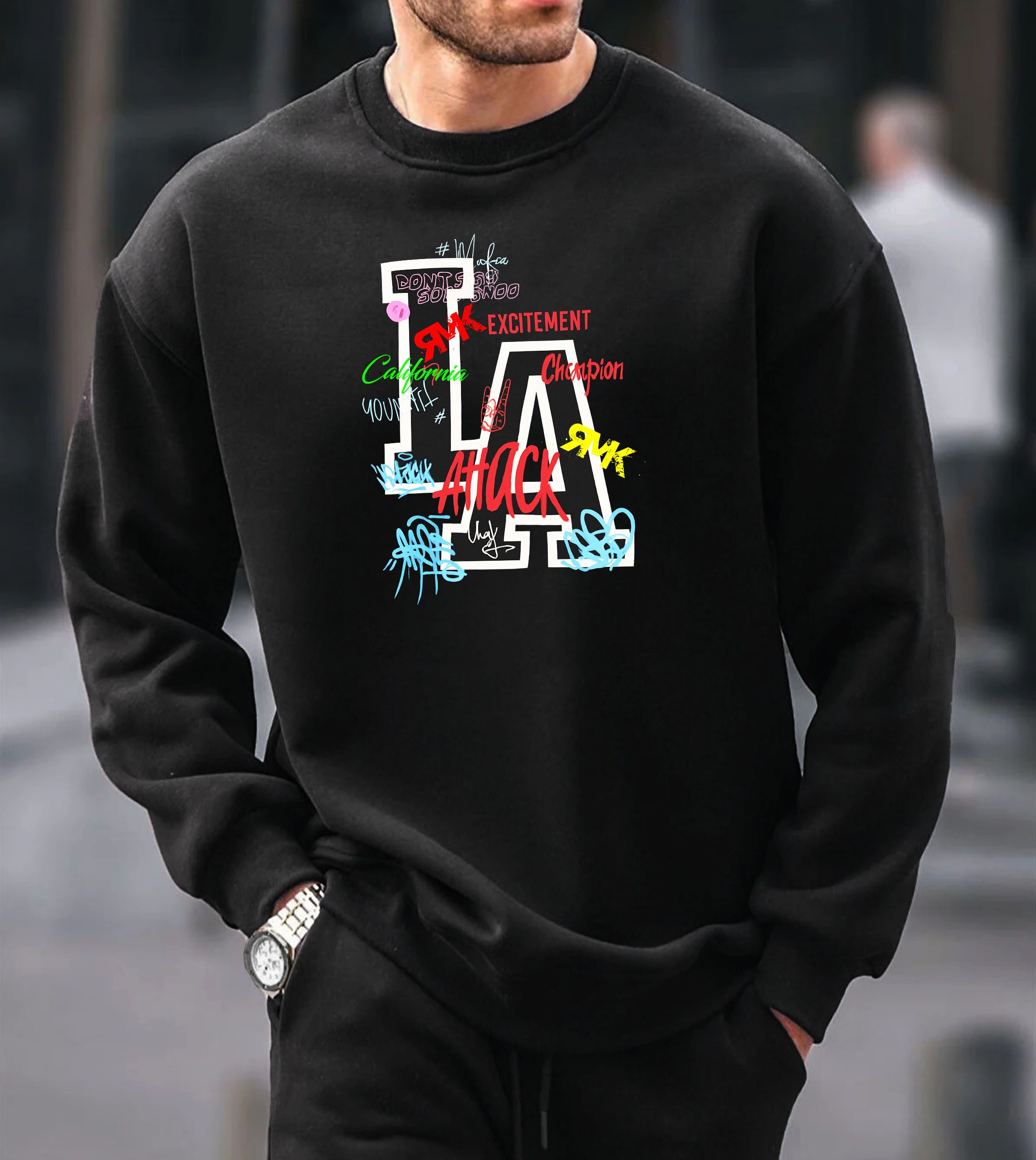 RMK Rundhalspullover Herren Pullover Pulli Langarmshirt Sweatshirt Oversize Los Angeles LA mit Baumwolle