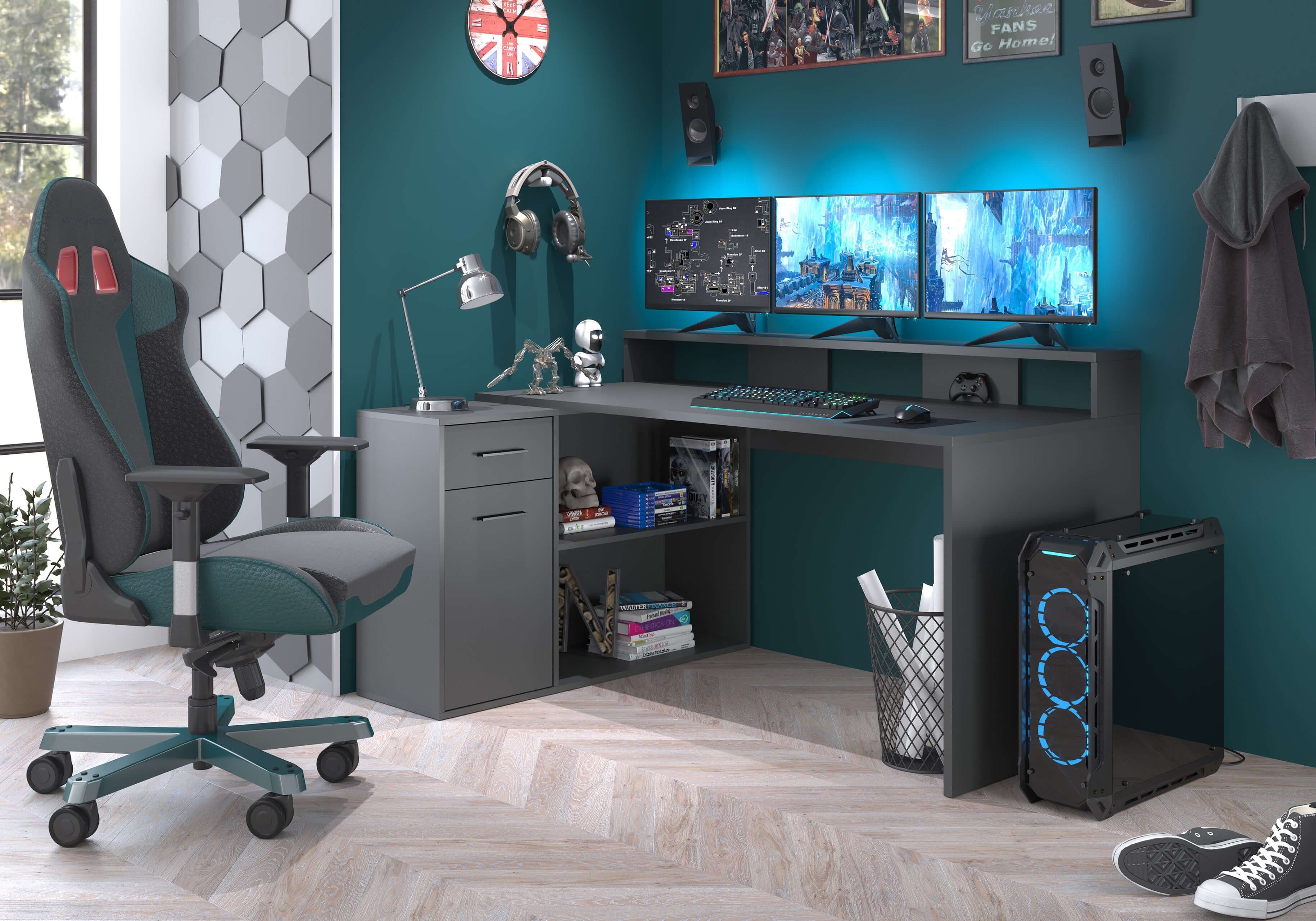 Newroom Anthrazit Ablage Schreibtisch mit Schreibtisch Gamingtisch Modern matt Gaming Pinto,