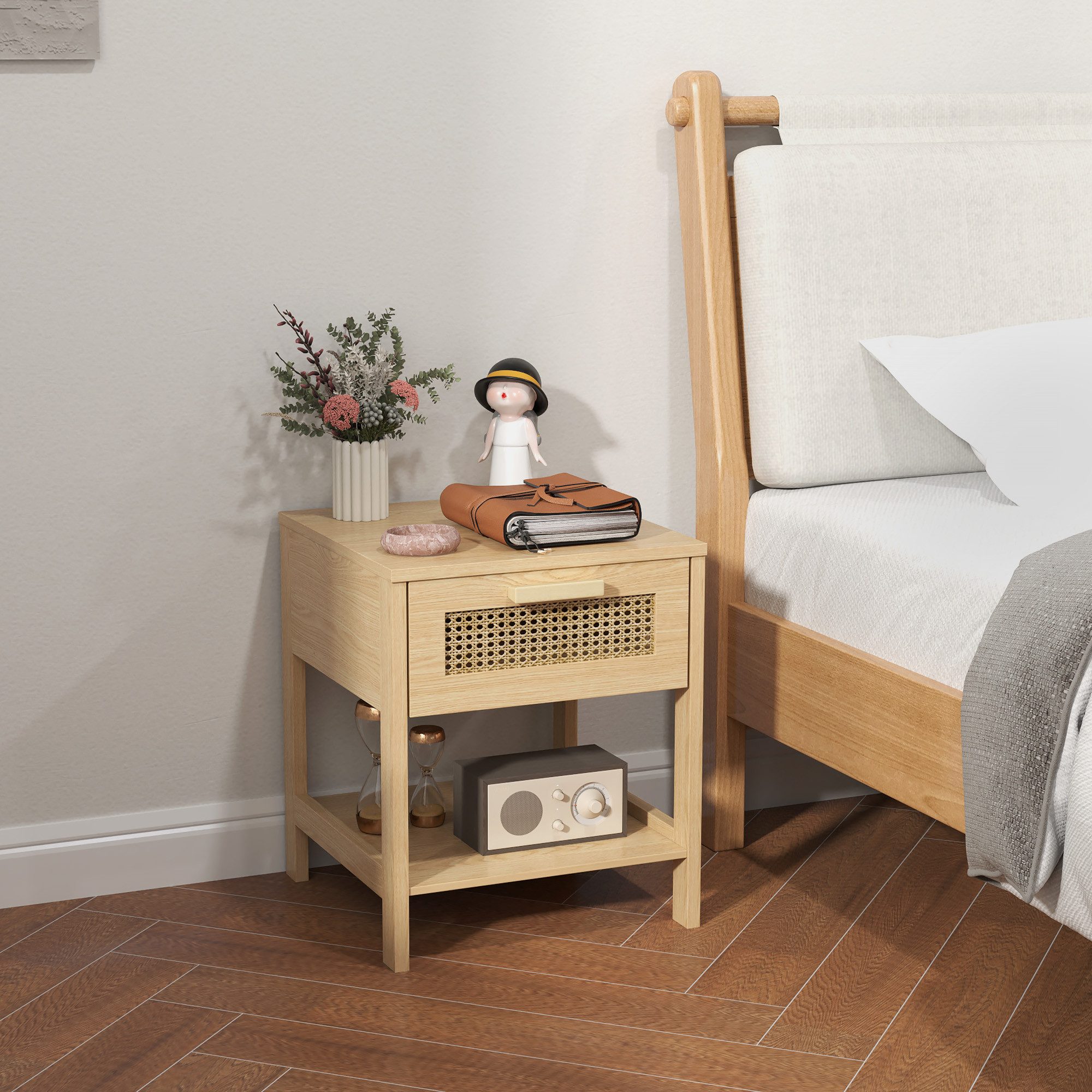 HOMCOM Nachttisch Beistelltisch, Nachtschrank mit Schublade, Ablage, Rattan-Design (natürlicher Nachtkommode mit Schublade, 1-St., Rattan-Design), MDF, Natur