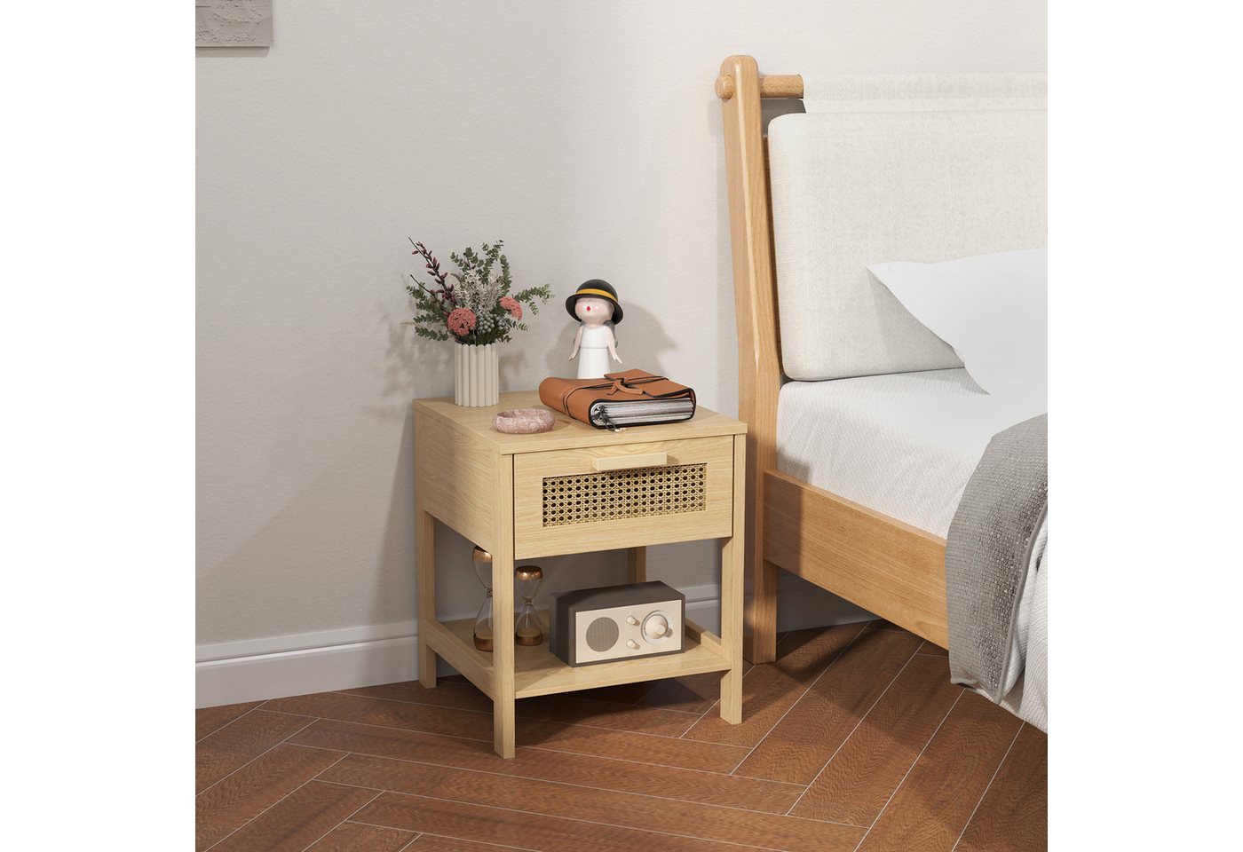 HOMCOM Nachttisch Beistelltisch, Nachtschrank mit Schublade, Ablage, Rattan-Design (natürlicher Nachtkommode mit Schublade, 1-St., Rattan-Design), MDF, Natur