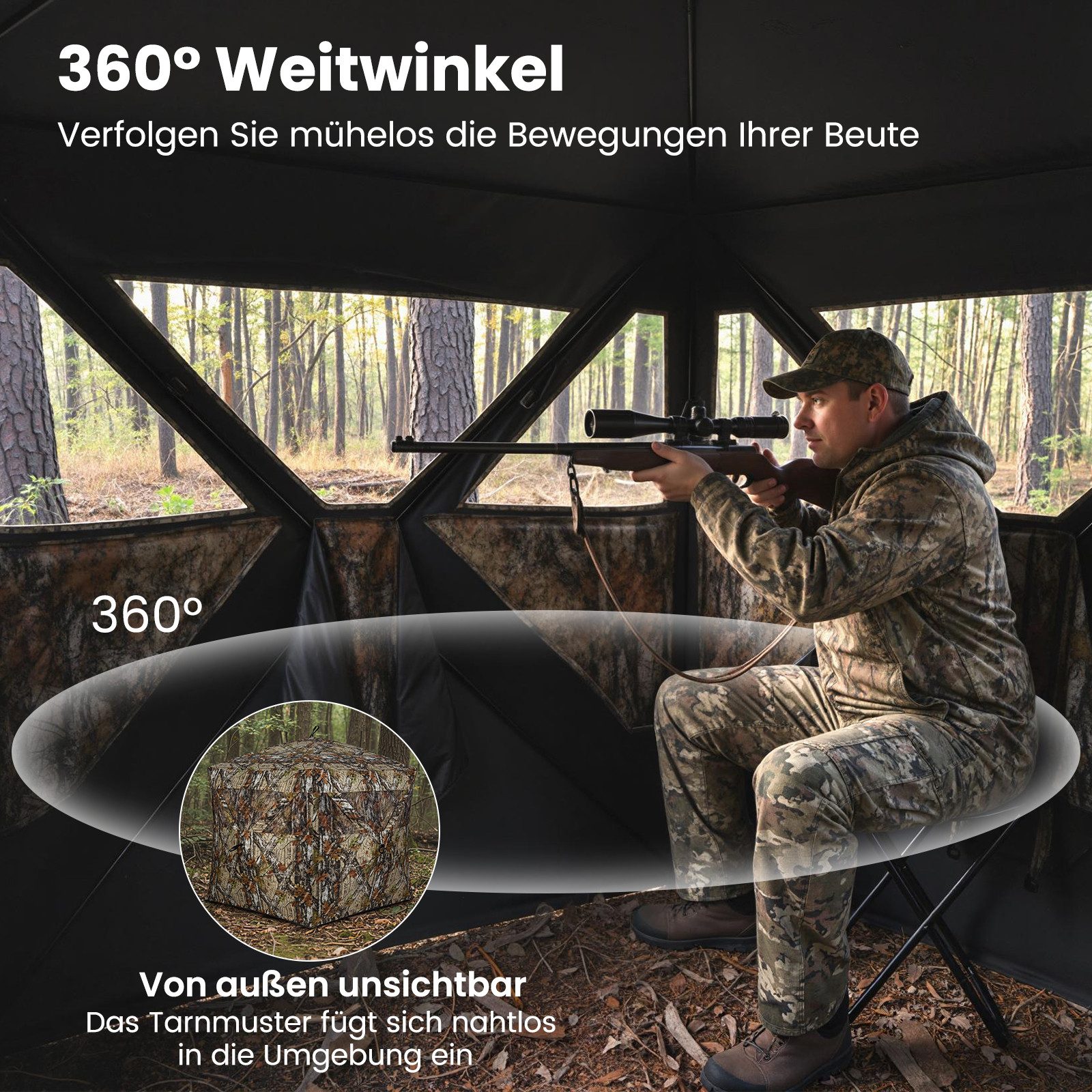 COSTWAY Angelzelt, Personen: 4, Pop-up Jagdzelt mit geräuschfreien Fenstern