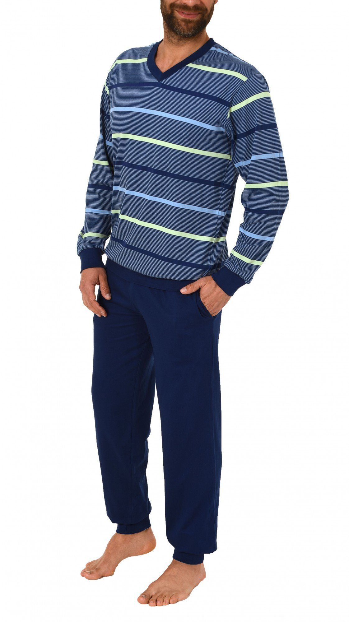 Normann Pyjama Herren Frottee Schlafanzug mit Bündchen in Streifenoptik - 6 günstig online kaufen