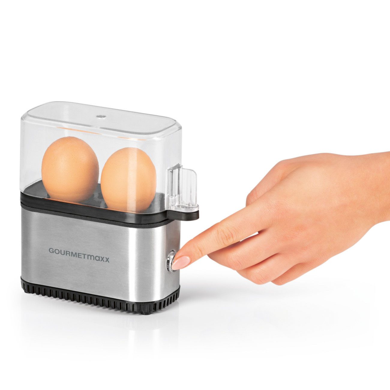 GOURMETmaxx Eierkocher Mini-Eierkocher für 2 Eier 250 W Messbecher & Eipick Silber/Schwarz, 2-Eier-Kocher mit Messbecher, Eipikser & Zufallsfarbauswahl