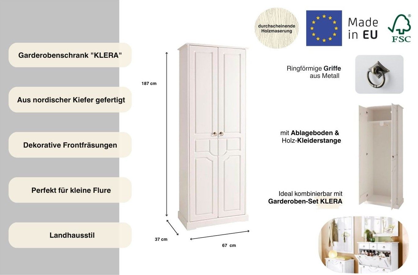 OTTO home Garderobenschrank Klera Breite 67 cm, aus massiver Kiefer, FSC®-zertifiziert