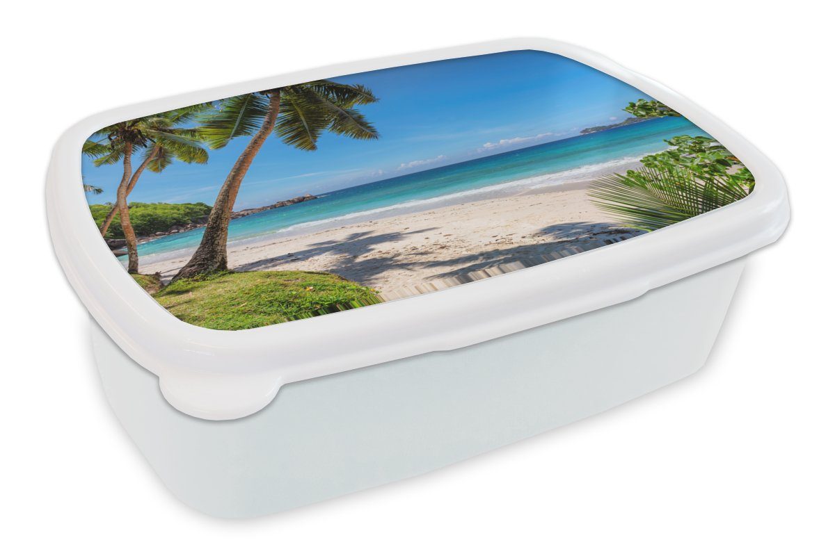 MuchoWow Lunchbox Strand - Meer - Palmen - Sonne, Kunststoff, (2-tlg), Brotbox für Kinder und Erwachsene, Brotdose, für Jungs und Mädchen weiß