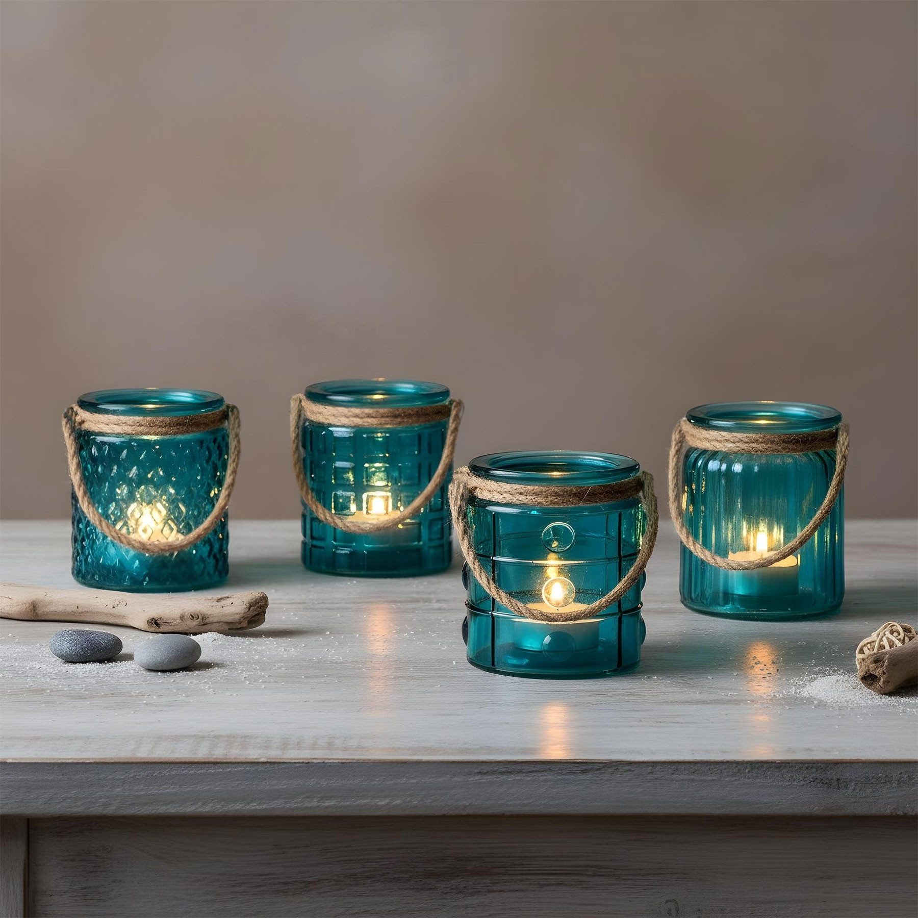 Levandeo® Teelichthalter, 4er Set Teelichthalter Glas Türkis H10cm Windlicht Tischdeko Maritim