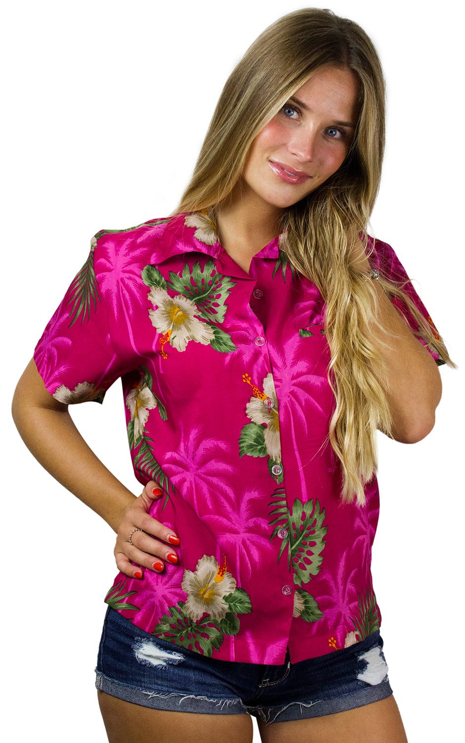 King Kameha Hawaiihemd Small Flower Funky Hawaiibluse Damen Kurzarm Front-Tasche Stylish