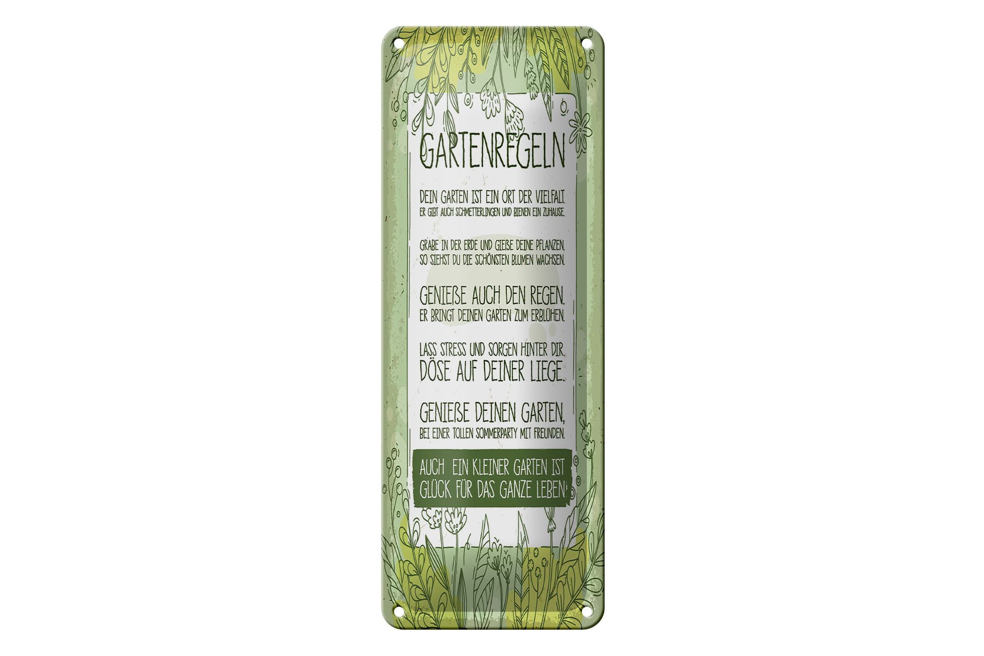 Femer GmbH Metallschild Spruch 27x10 cm Gartenregeln auch kleiner Garten ist Glück, (1 St), gewölbte Oberfläche, abgerundete Ecken, umgeschlagene Kanten