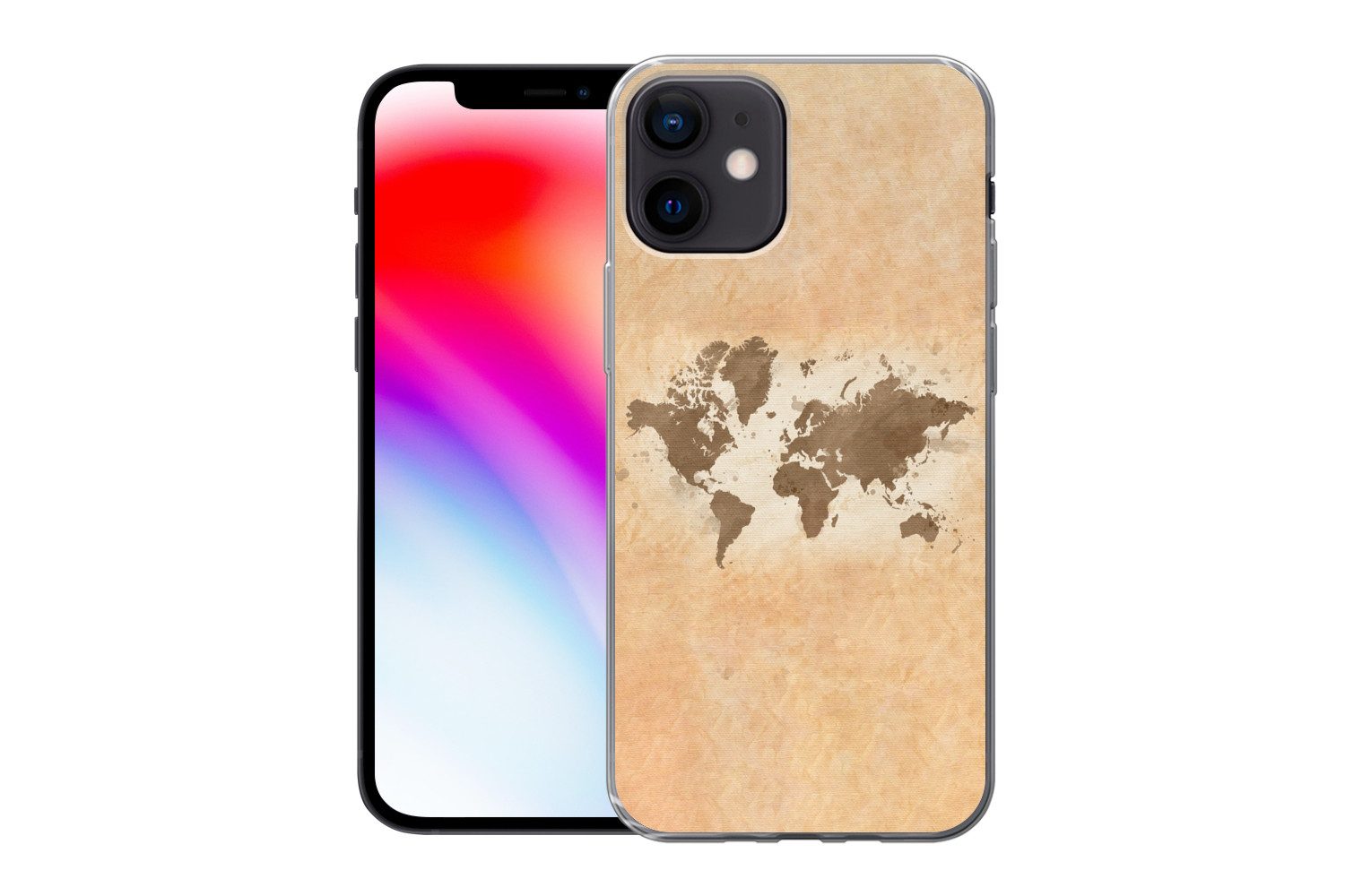 MuchoWow Handyhülle für Apple iPhone 12 Weltkarte - Beige - Braun, Smartphone-Bumper, Print, Handy Schutzhülle Dünn