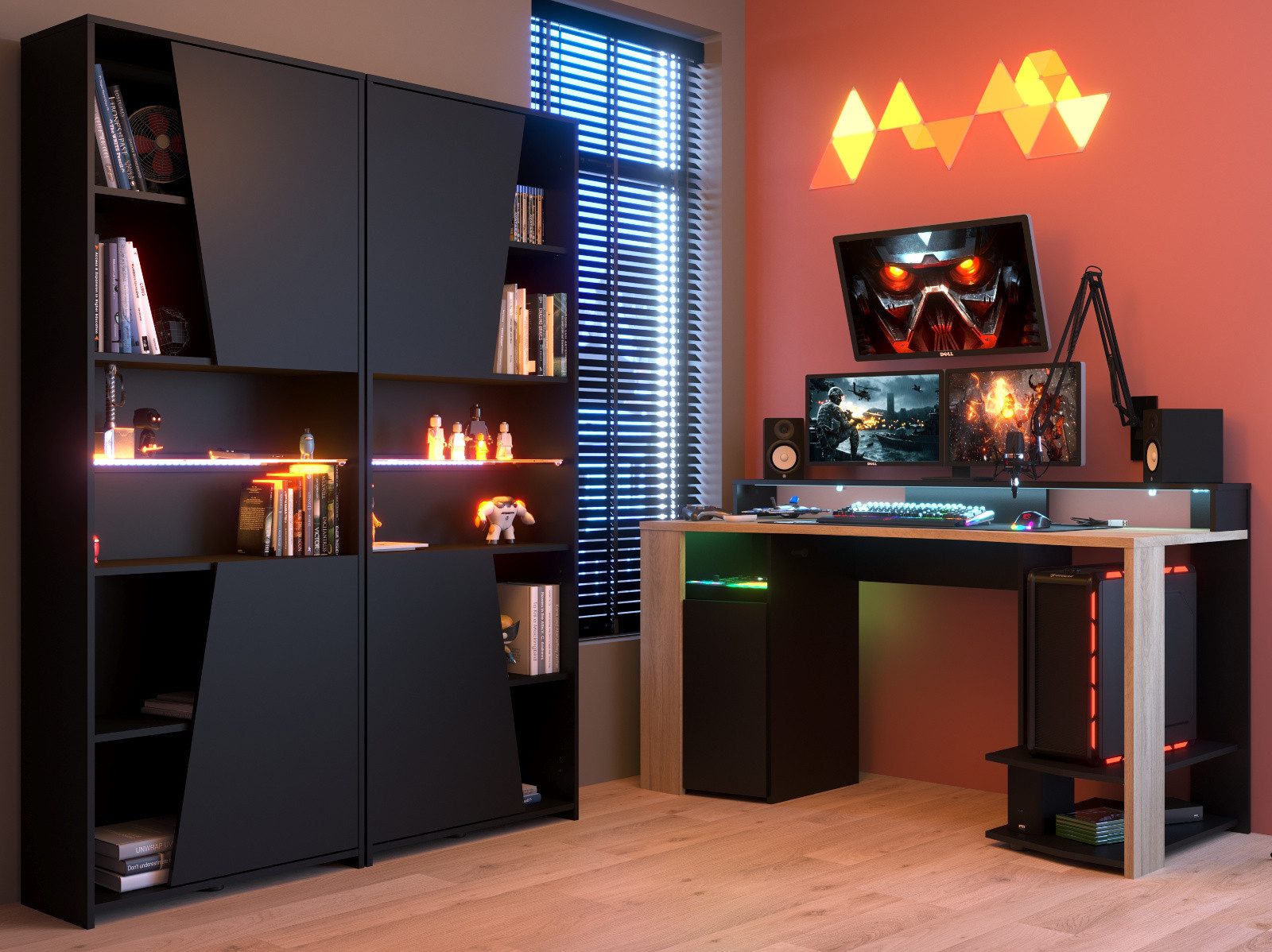 Parisot Jugendzimmer-Set Meta, (Set mit Gaming Schreibtisch und 2x Schrank, 3-tlg., inklusive LED RGB Beleuchtung), mit Fernbedienung