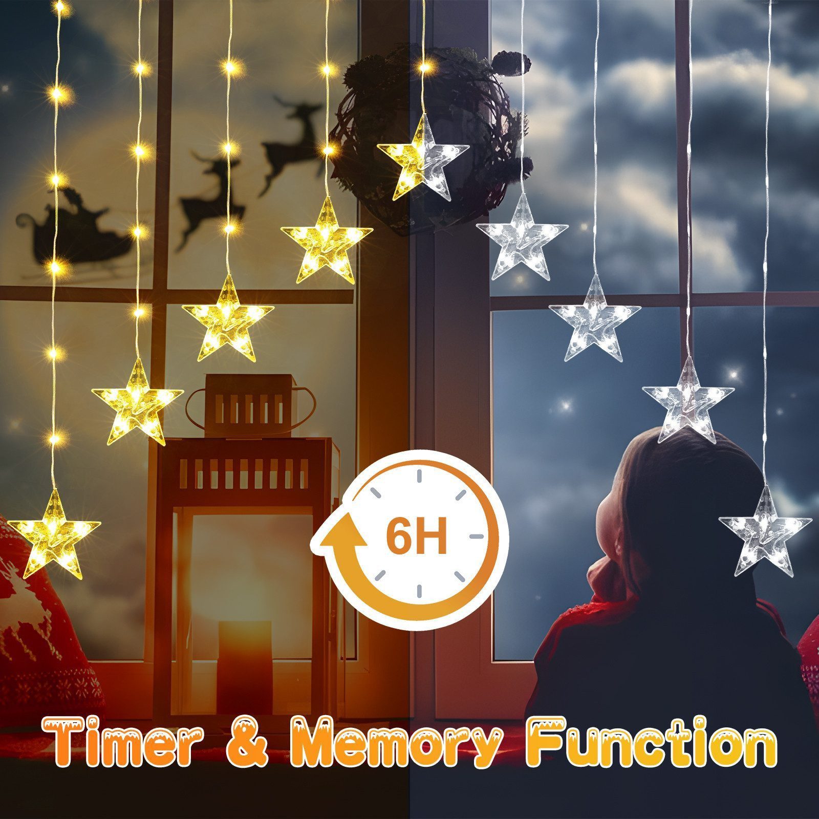 Quntis Lichterkette Lichterkette Weihnachtsdeko Fenster Warmweiß/Bunt, Timer 8 Modi, 1,44M 45LEDs Fensterbilder für Innen/Außen/Fenster Weihanchten Deko – Bild 5 von 5