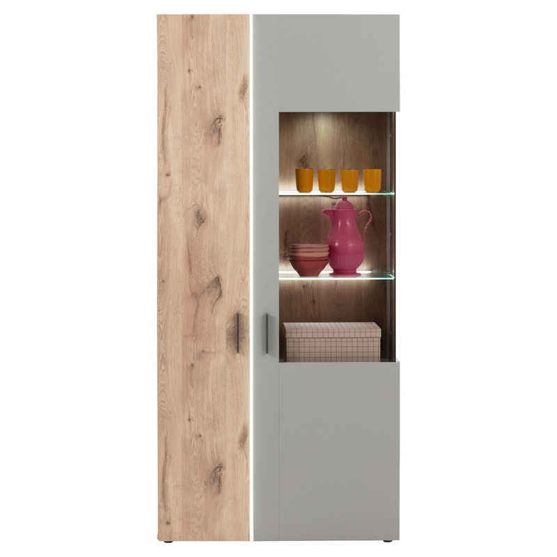 LIV'IN Vitrine BAVENO, Hellgrau, Nox Eiche Dekor, 2 Türen, Soft-Close, mit LED-Frontbeleuchtung, B 91 x H 200 x T 37 cm