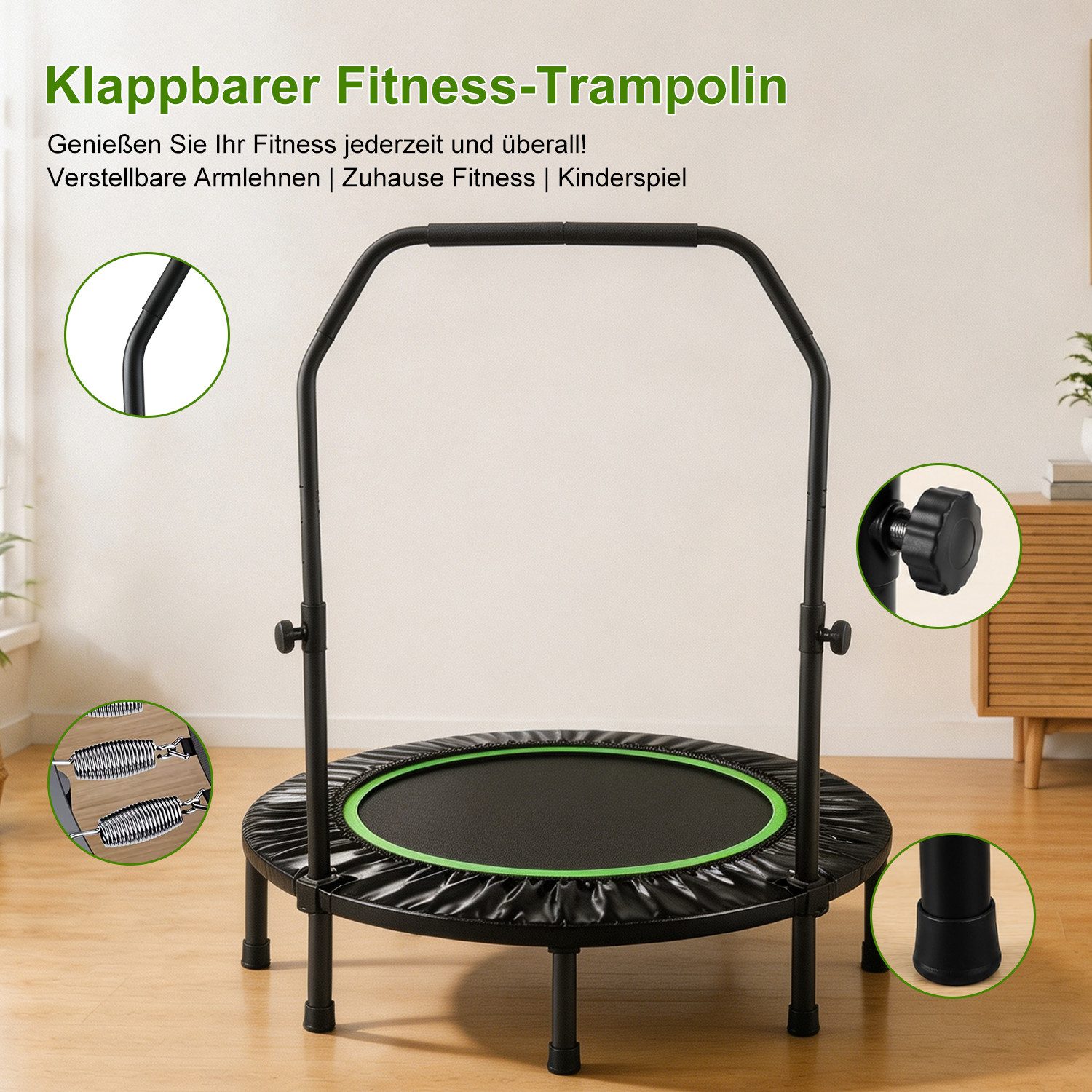 FOXSPORT Fitnesstrampolin Faltbar mit 3-stufig Höhenverstellbarer Haltestange, Ø 120 cm, Inclusief Beschermrand & Anti-Slip Grijpstang, Max. 100 kg