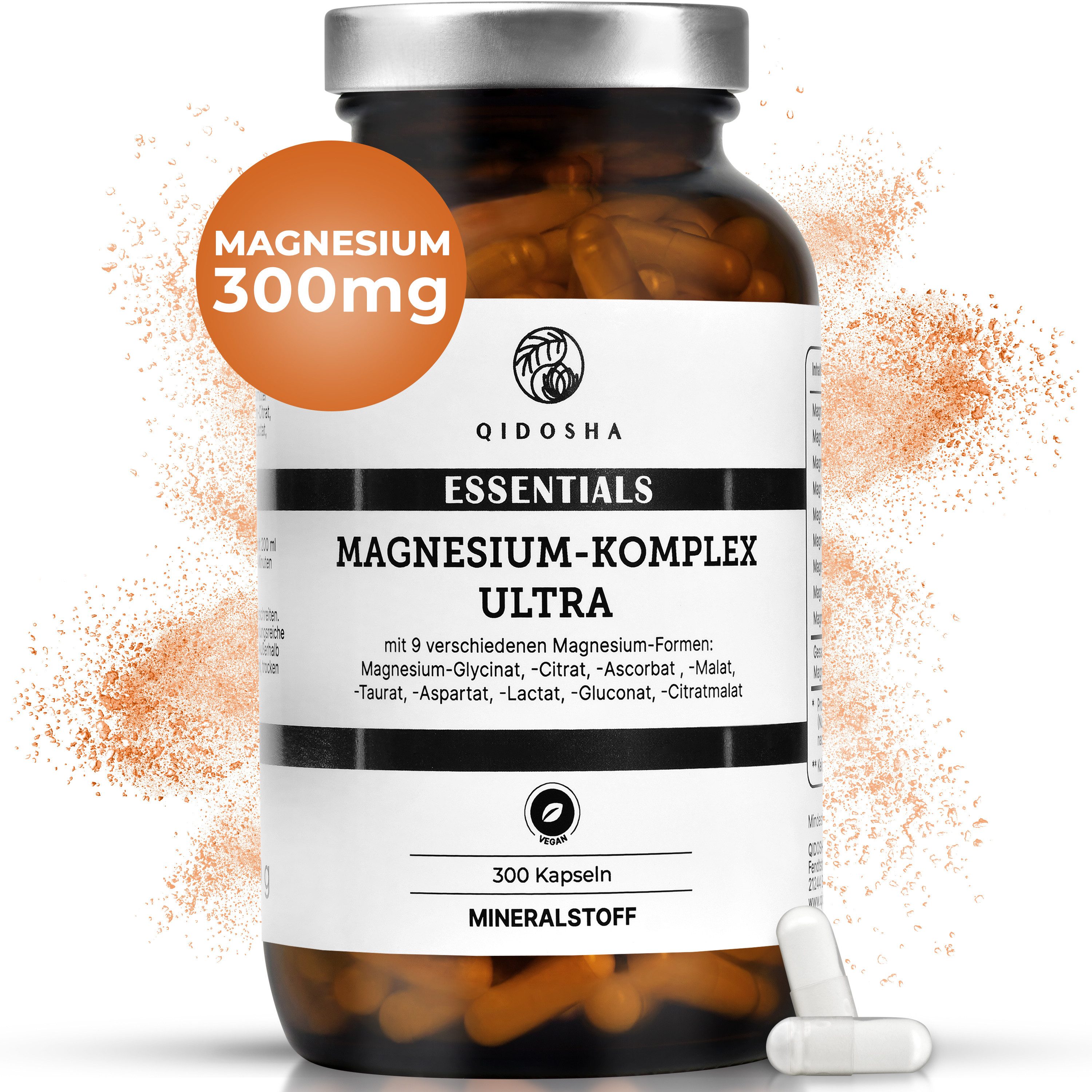 QIDOSHA Magnesium Komplex mit 9 Magnesium-Formen, hochdosiert im Apothekerglas Kapseln, 300mg elementares Magnesium/Tagesportion à 300 St., 180 g