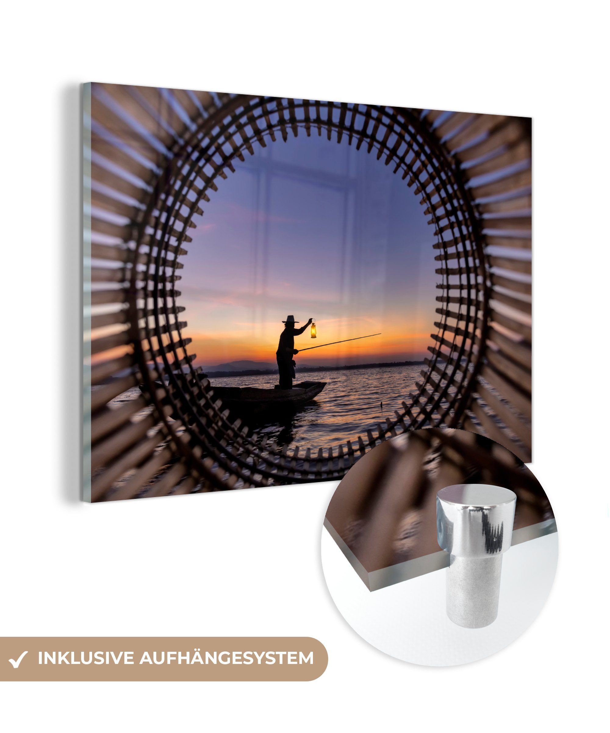 MuchoWow Acrylglasbild Silhouette eines Fischers bei Sonnenuntergang, (1 St), Acrylglasbilder Wohnzimmer & Schlafzimmer