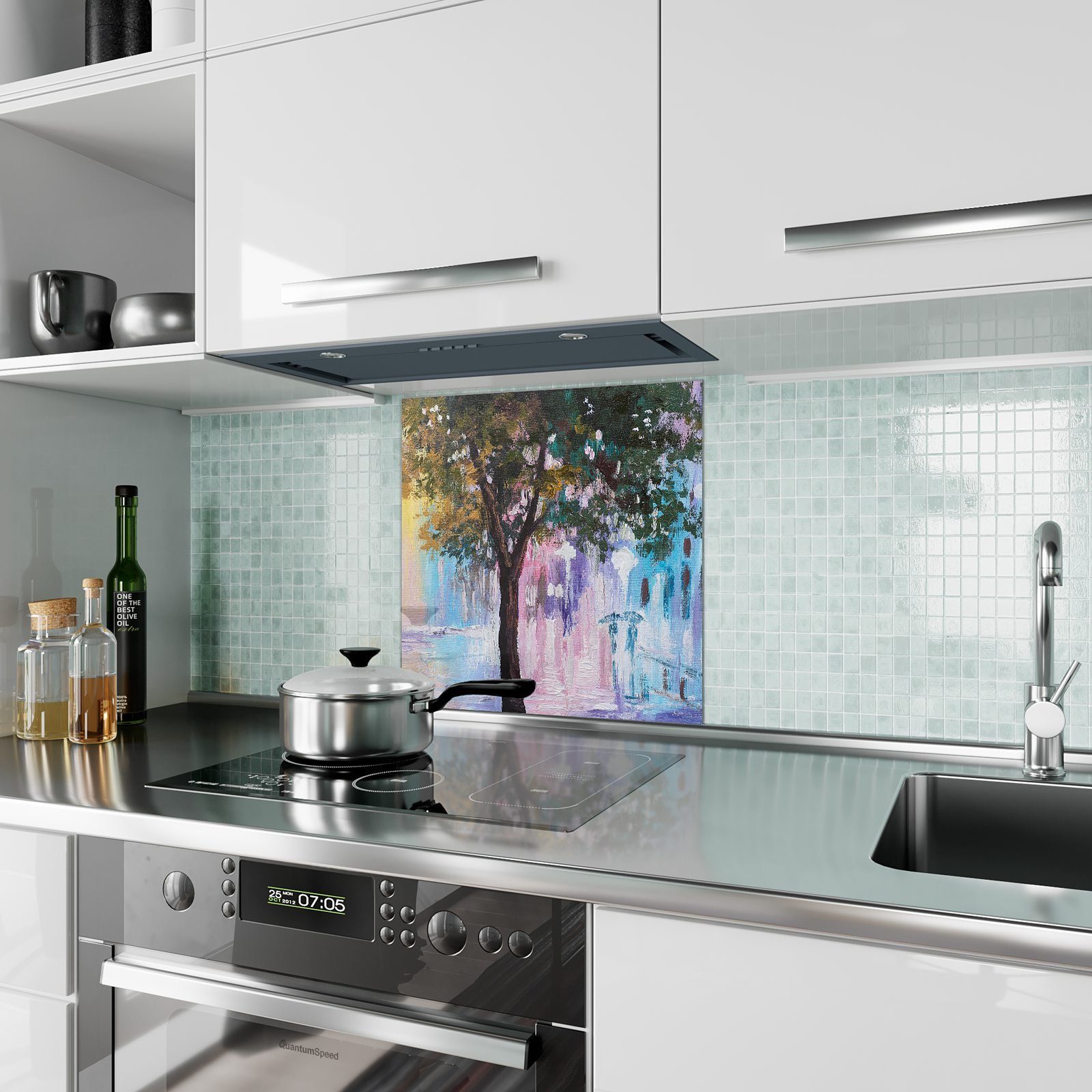 Primedeco Küchenrückwand Küchenrückwand mit abstrakte Malerische Glas Spritzschutz Stadt Motiv