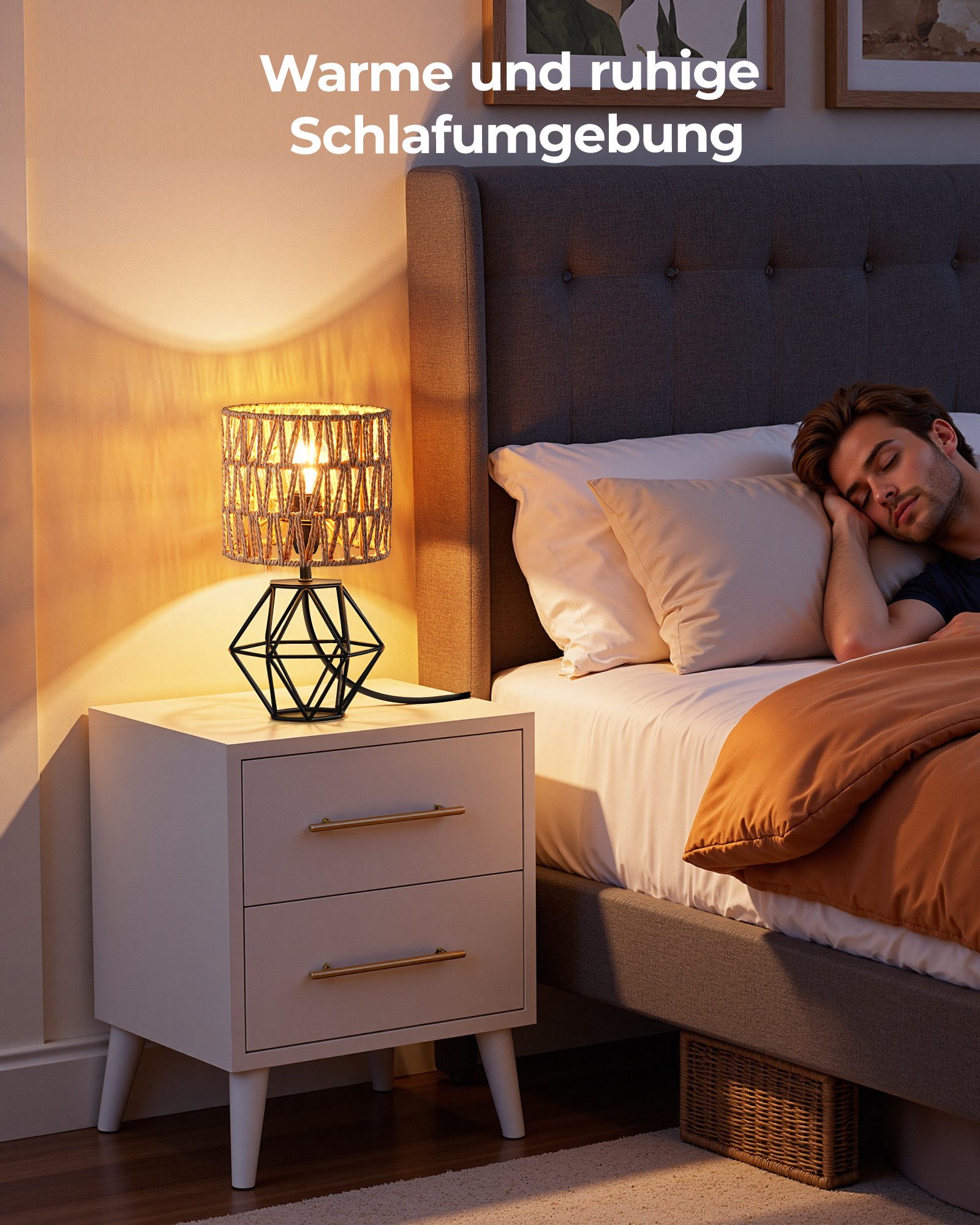EDISHINE Nachttischlampe Moderne Tischlampe Industrial, LED wechselbar, 2700 K Warmweiß, Vintage Tischleuchte mit schwarzem Fuß und E14 Leuchtmittel – Bild 5 von 5
