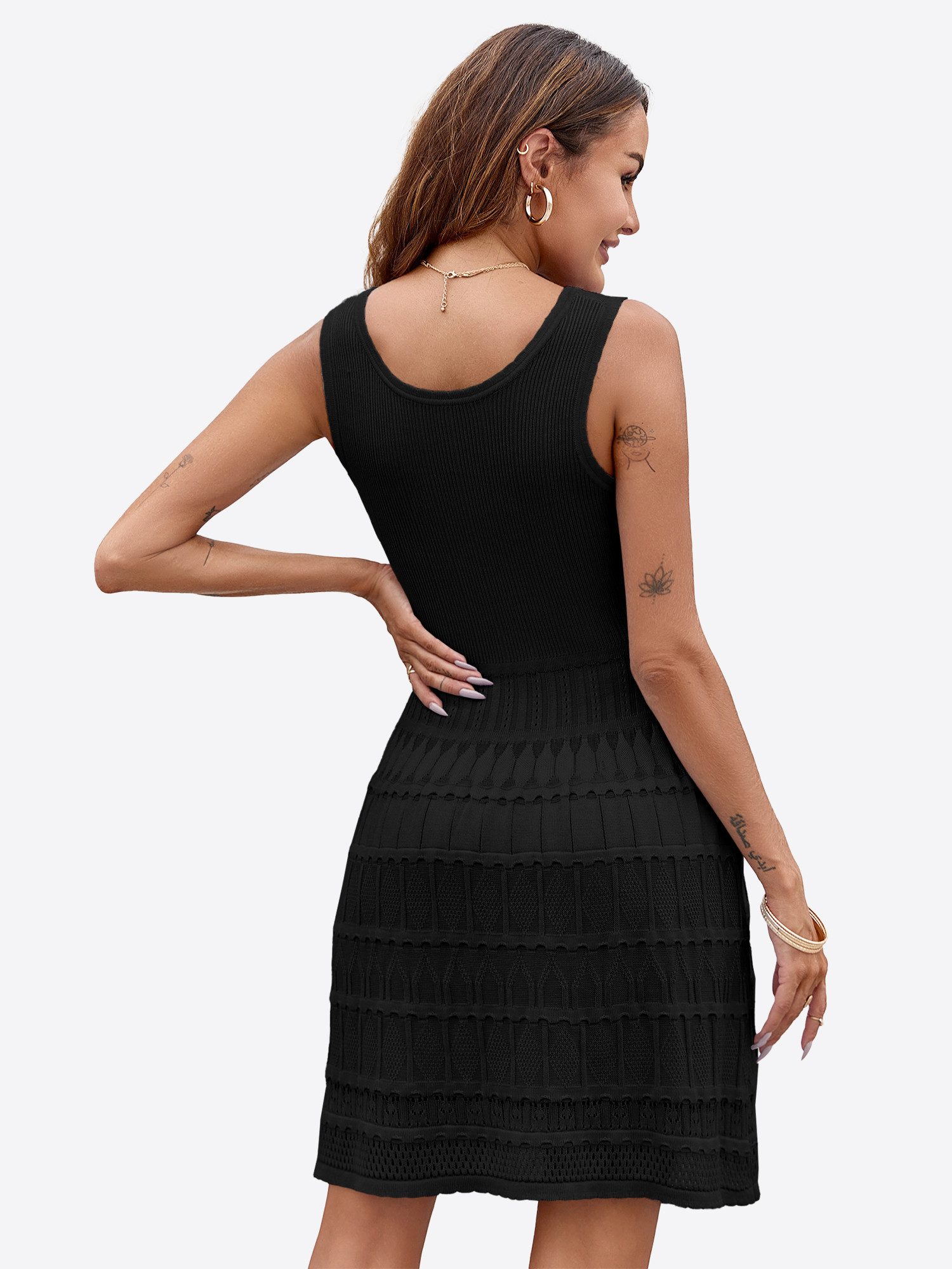 Imily Bela Strickkleid Damen Sommer Minikleid Casual Tank U-Ausschnitt Ärmellos Rüschen (Packung, 1-tlg., 1per-Pack) gehäkelt in Unifarbe