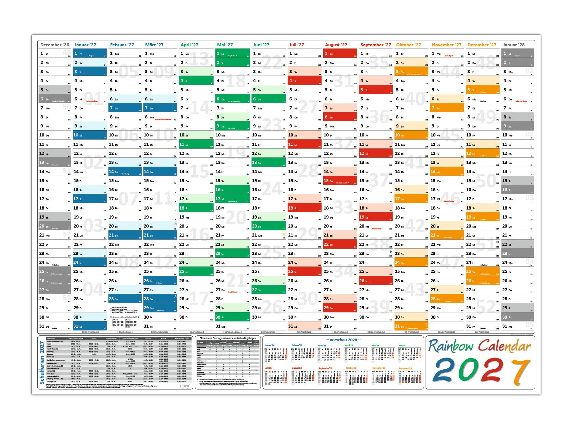LYSCO Wandkalender Rainbow Wandplaner 2027 DIN A0 / A1 / A2, 14 Monate, komplette Jahresvorschau Folgejahr und Ferientermine Feiertage aller Bundesländer, (gerollt)