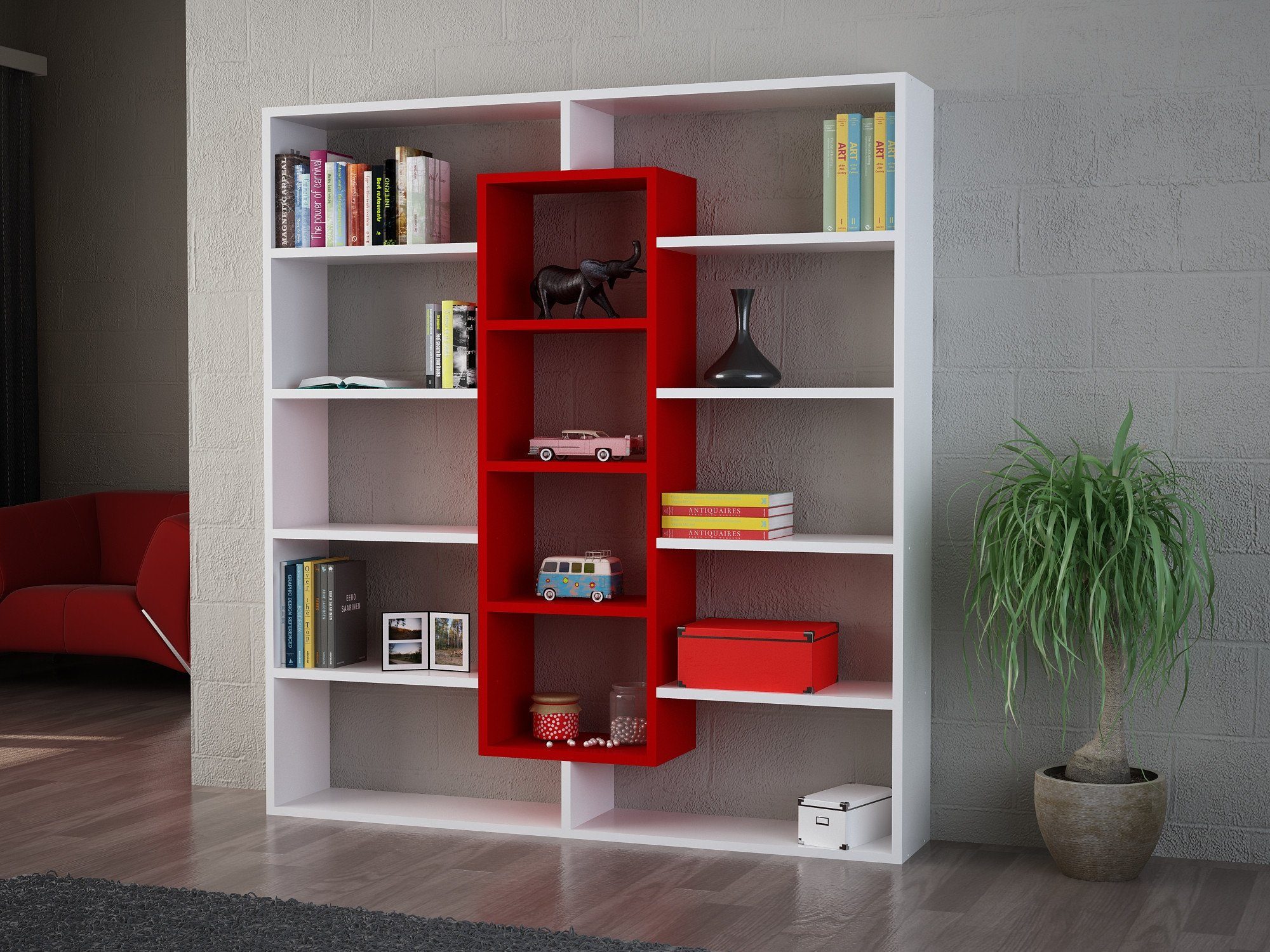 Skye Decor Bücherregal Ample WAT, Weiß,rot, Bücherregale, 135,7x125x22 cm