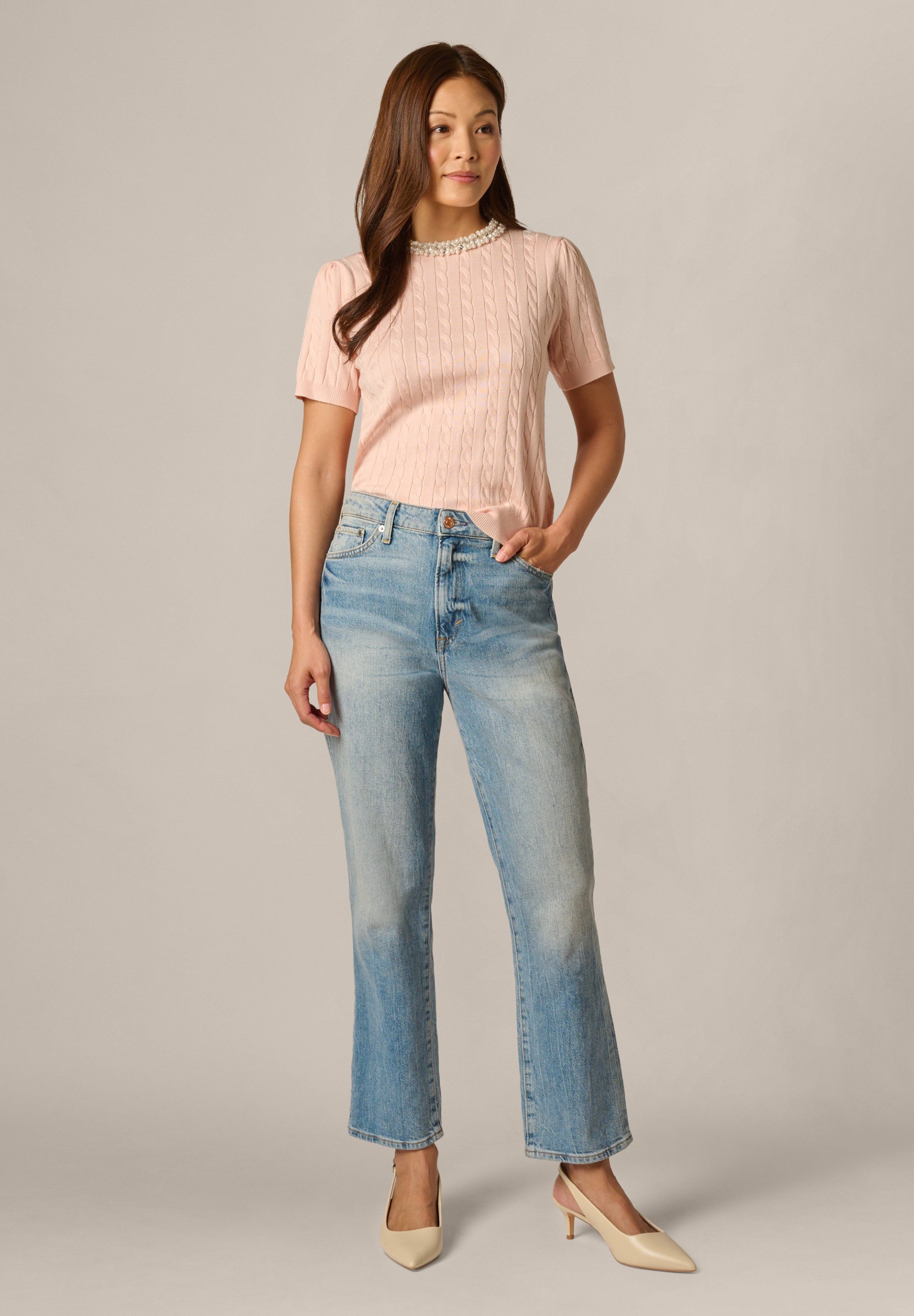 Adrianna Papell Rundhalspullover Embellished Neck Pullover Lässiges, mit Strickdetails verziertes Oberteil