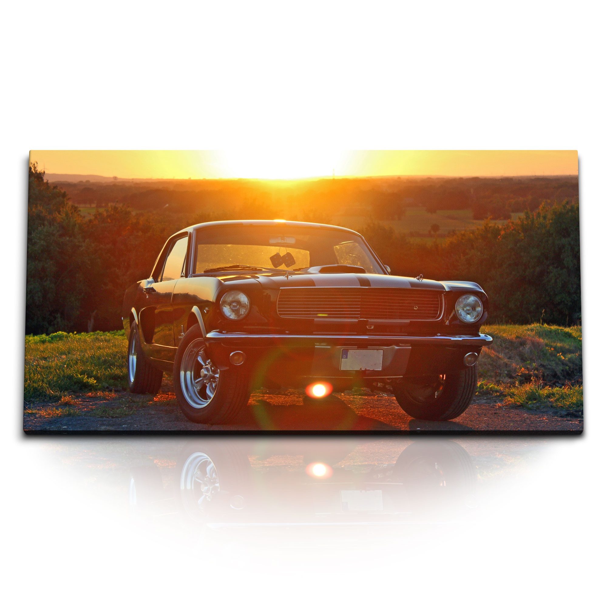 Sinus Art Leinwandbild Kunstdruck Bilder 120x60cm Ford Mustang 66 Oldtimer Sonnenuntergang Mu, (1 St)