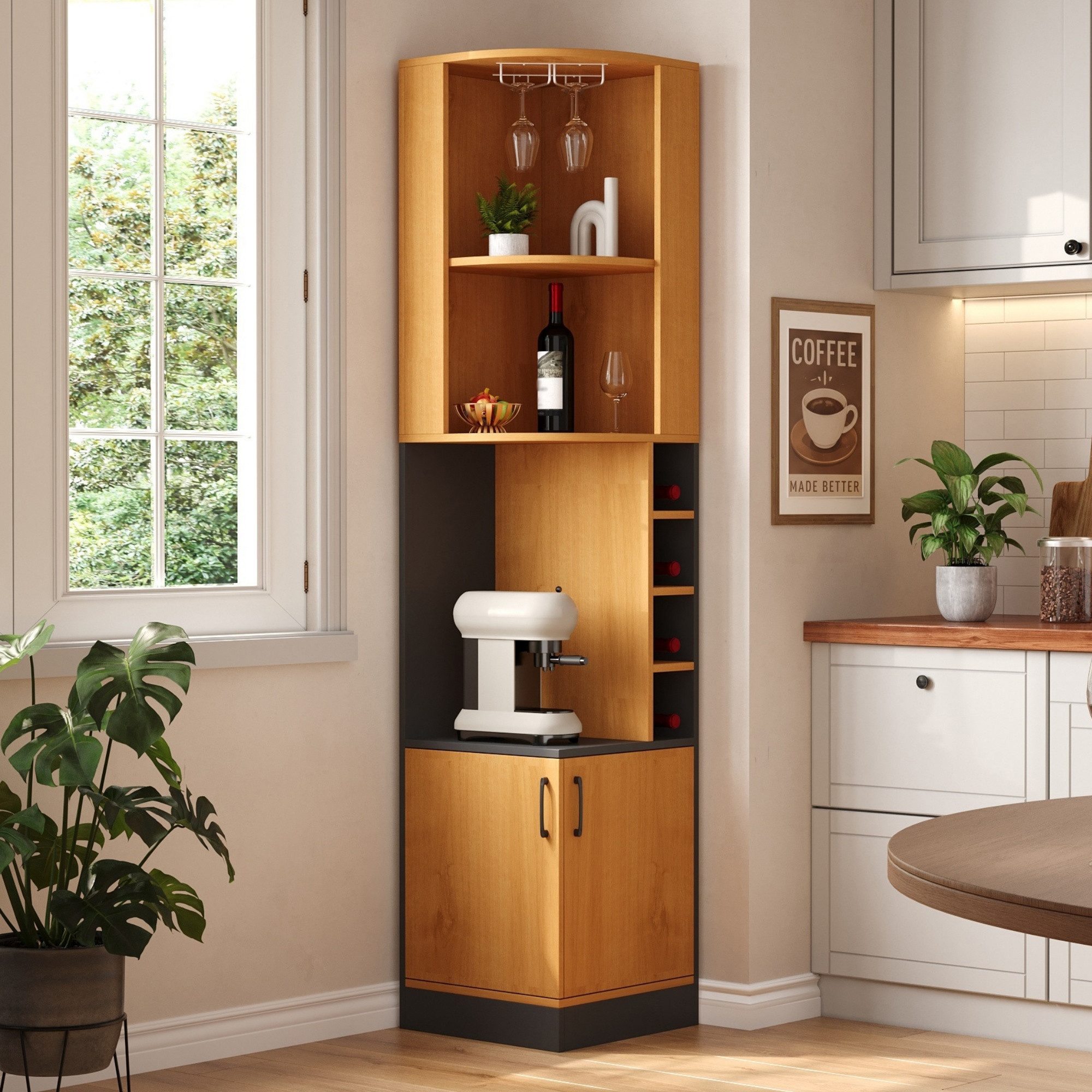 Flieks Eckschrank Hochschrank mit Weinglasregal, Gläserhalter, Ablagen und 2 Türen (40×40×182 cm, 1-St) Mehrzweckschrank Eckregal Küchenschrank Landhausstil Natur