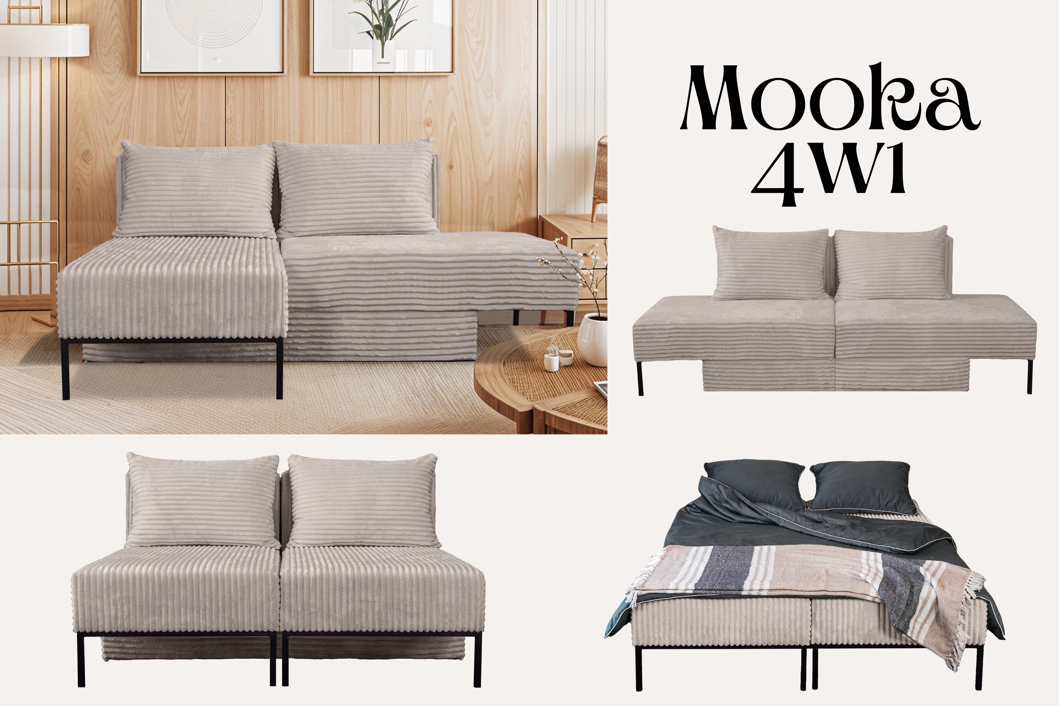 Kaiser Möbel Ecksofa Sofa, Betten, Liegestuhl, MOOKA 4in1-Multifunktions-System