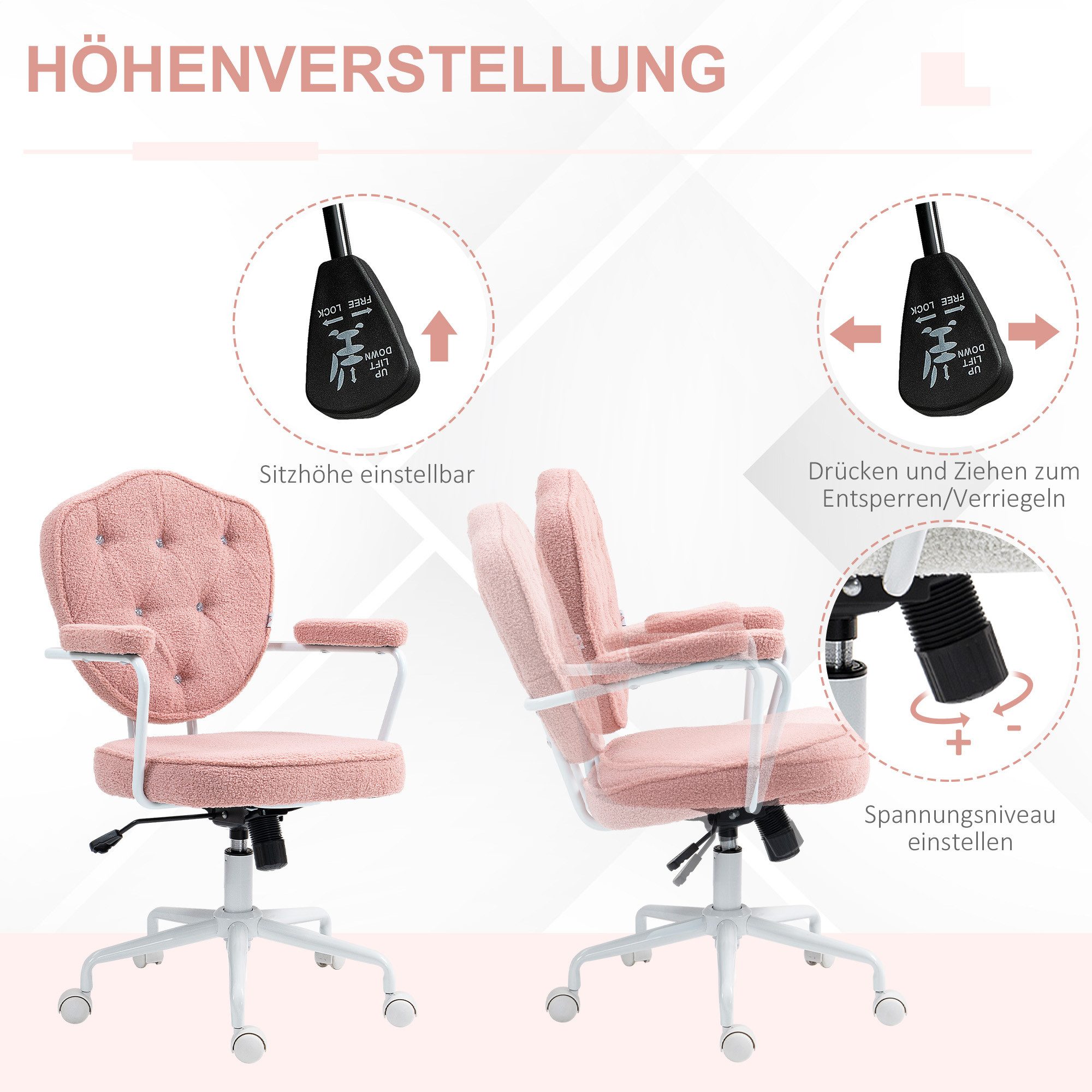HOMCOM Bürostuhl Ergonomisch Schreibtischstuhl Wippfunktion höhenverstellbar (Computerstuhl, 1 St), für Home Office, Teddybärvlies, Rosa – Bild 5 von 5