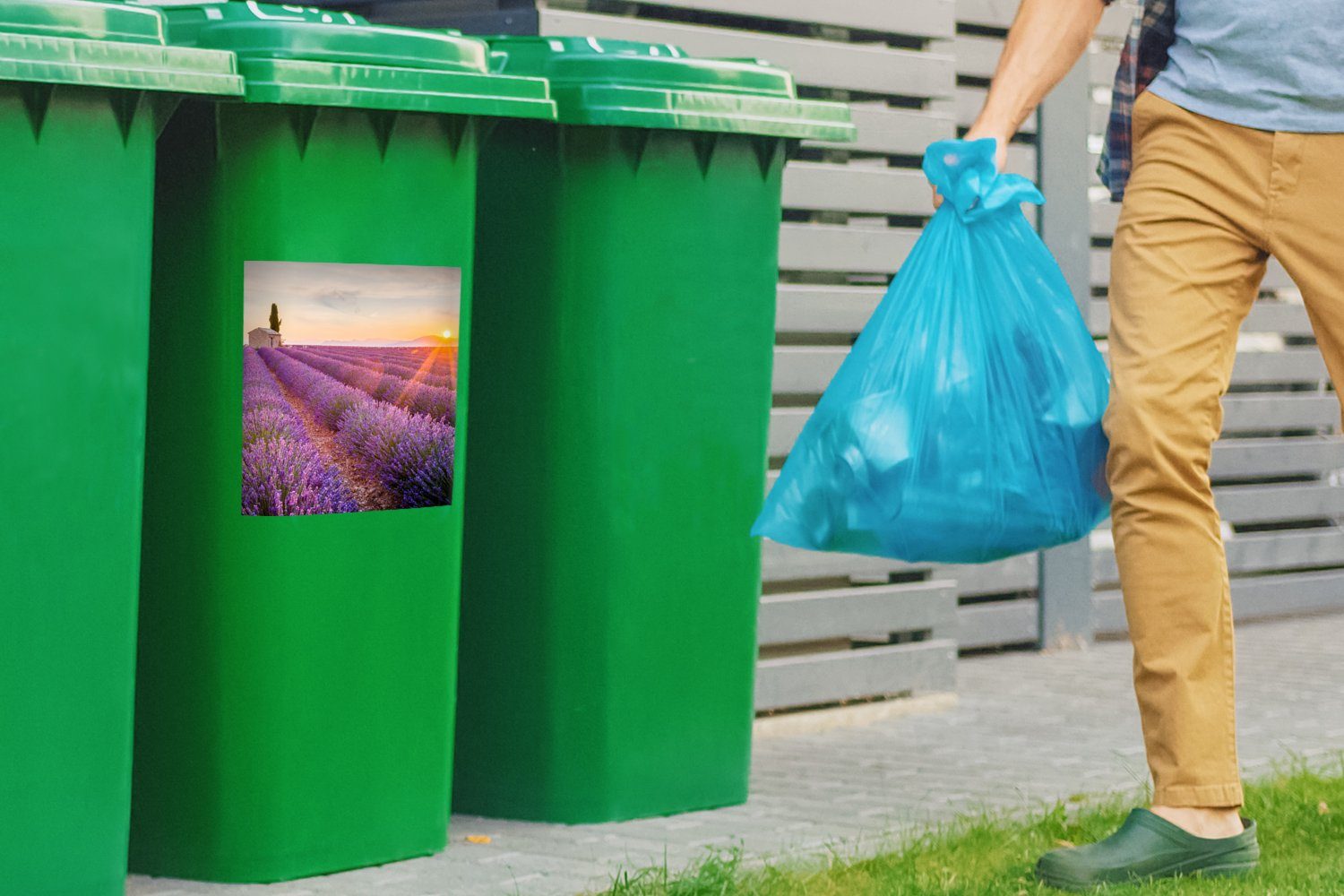 MuchoWow Wandsticker Lavendel - Container, - St), Sticker, (1 - Sonnenuntergang Mülleimer-aufkleber, Mülltonne, Abfalbehälter Blumen Lila
