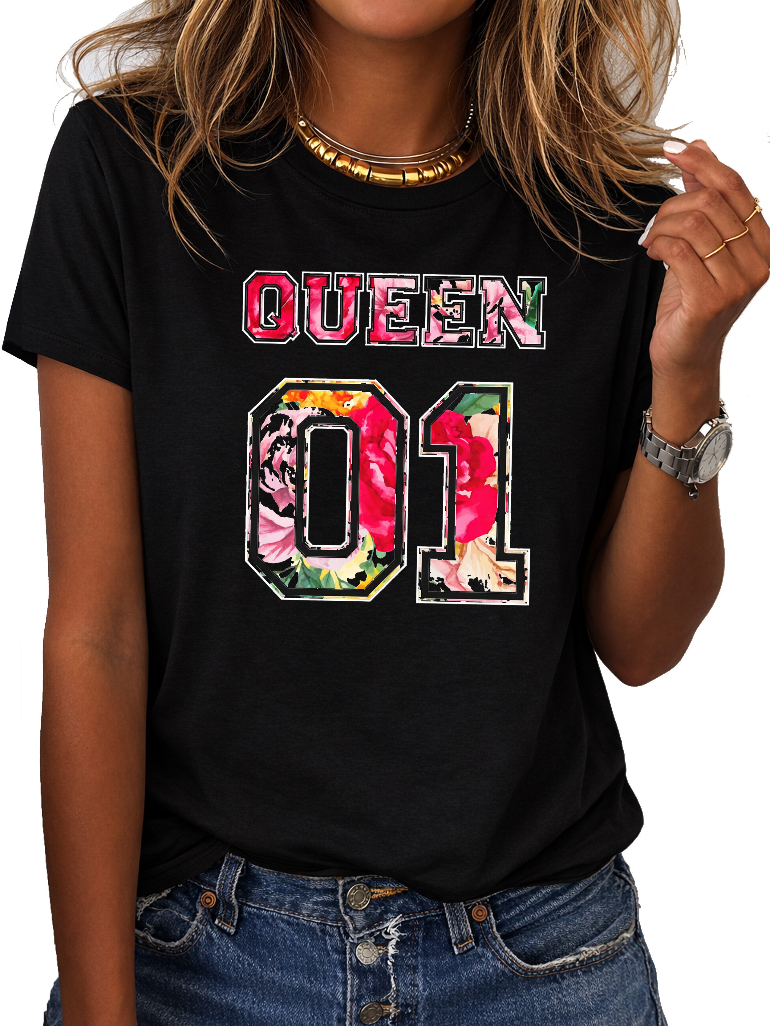 RMK T-Shirt Damen Shirt Rundhals Basic "QUEEN" aus Baumwolle