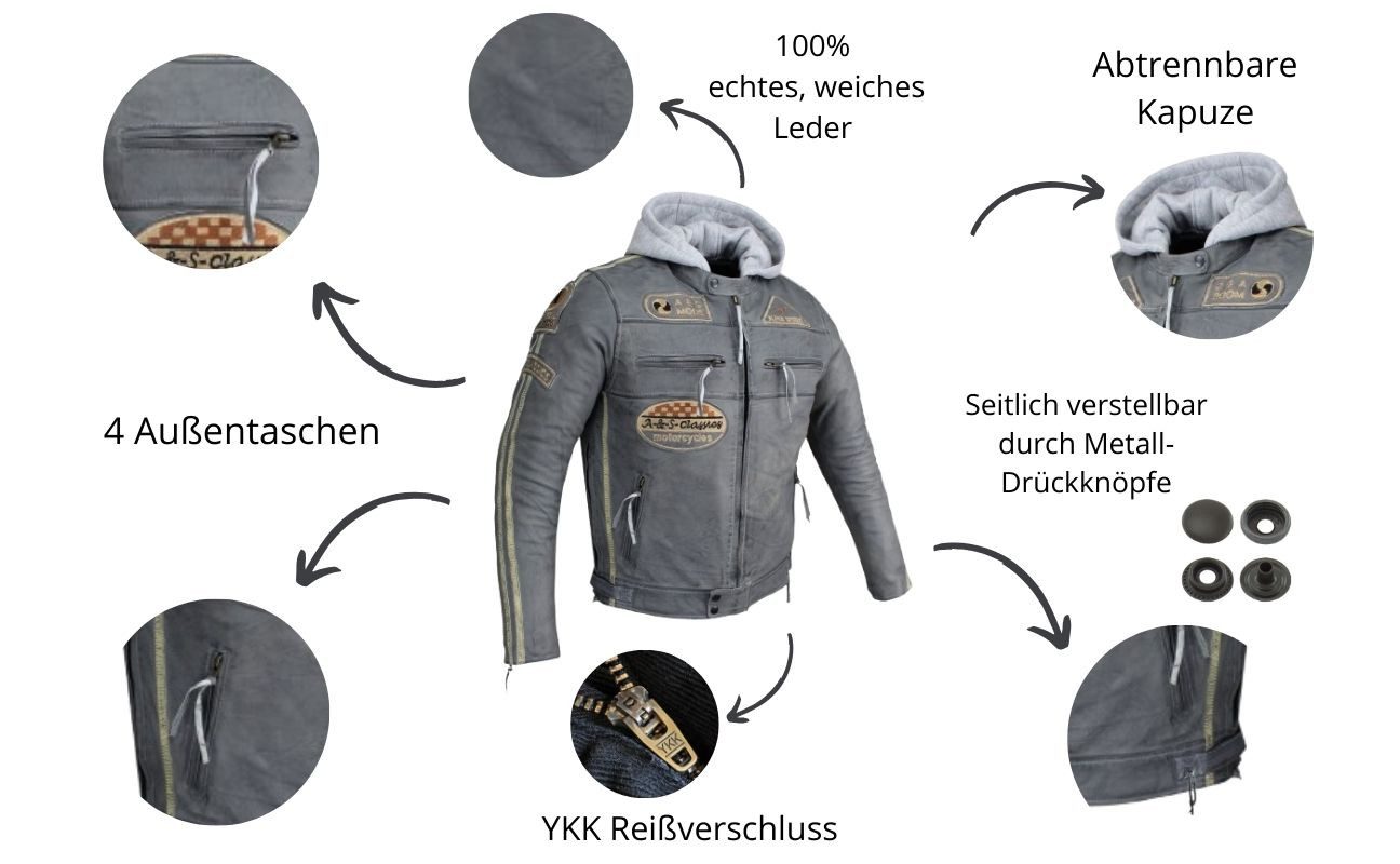 Alpha Speeds Motorradjacke - /Freizeit Herren Lammlederjacke Bikerjacke Highway 11 (Abnehmbares Innenfutter und Kapuze, (NEUE VERSION 2025) Aus weichem Lammleder, inkl. einsetzbarer Protektoren