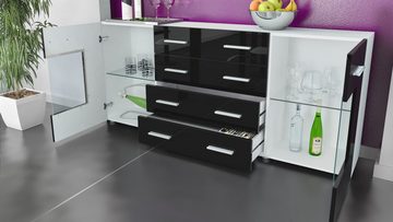 Vladon Sideboard Grömitz (Kommode mit 2 Türen, 4 Schubladen und 2 flexible Glaseinlegeböden), Weiß matt/Creme Hochglanz (166 x 72 x 35)