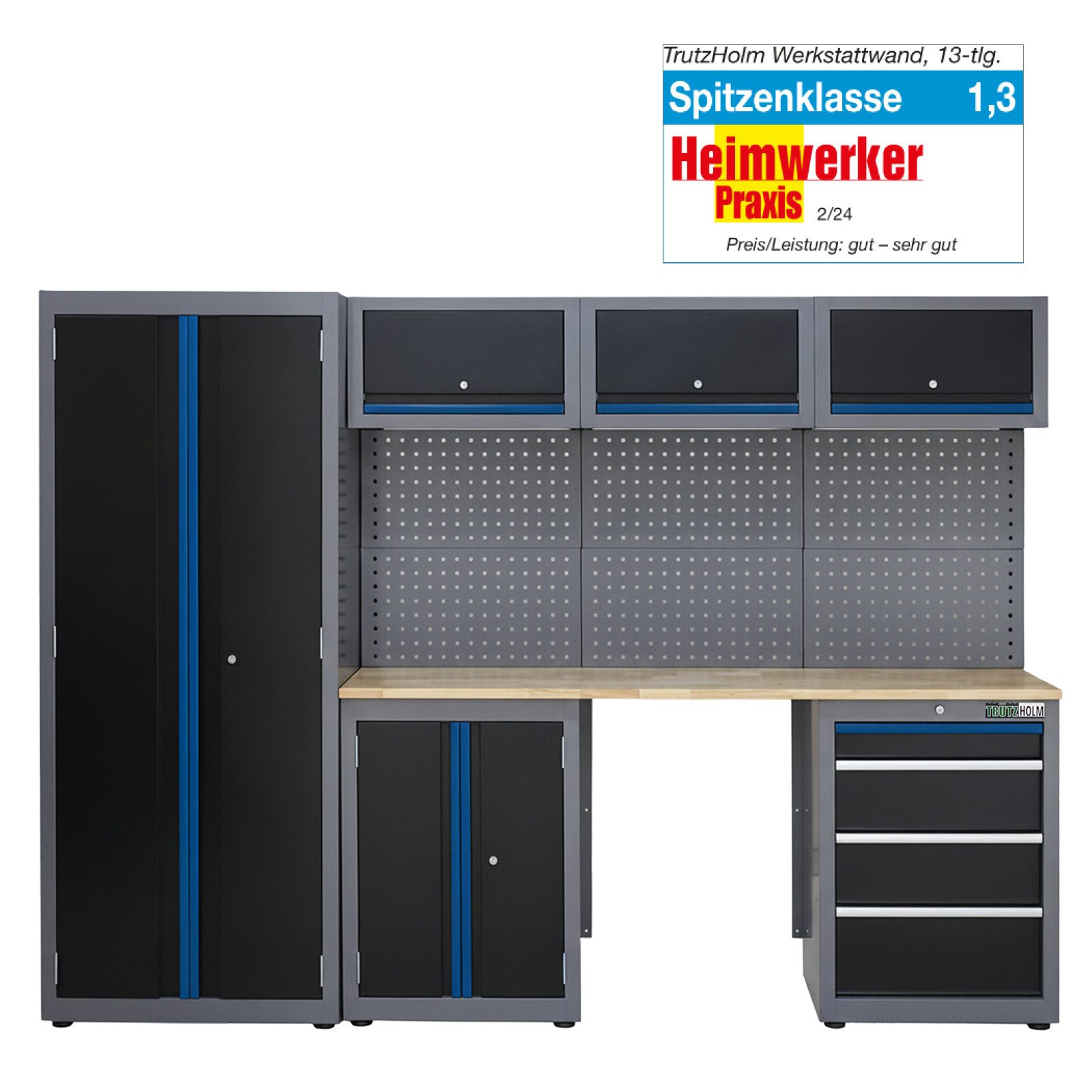 TRUTZHOLM Werkstatt-Set Werkstattwand 13-tlg. Werkstattschranksystem modular aus Stahl, (13-tlg., 13-tlg), Modulares Werkstattschranksystem mit Holzarbeitsplatte