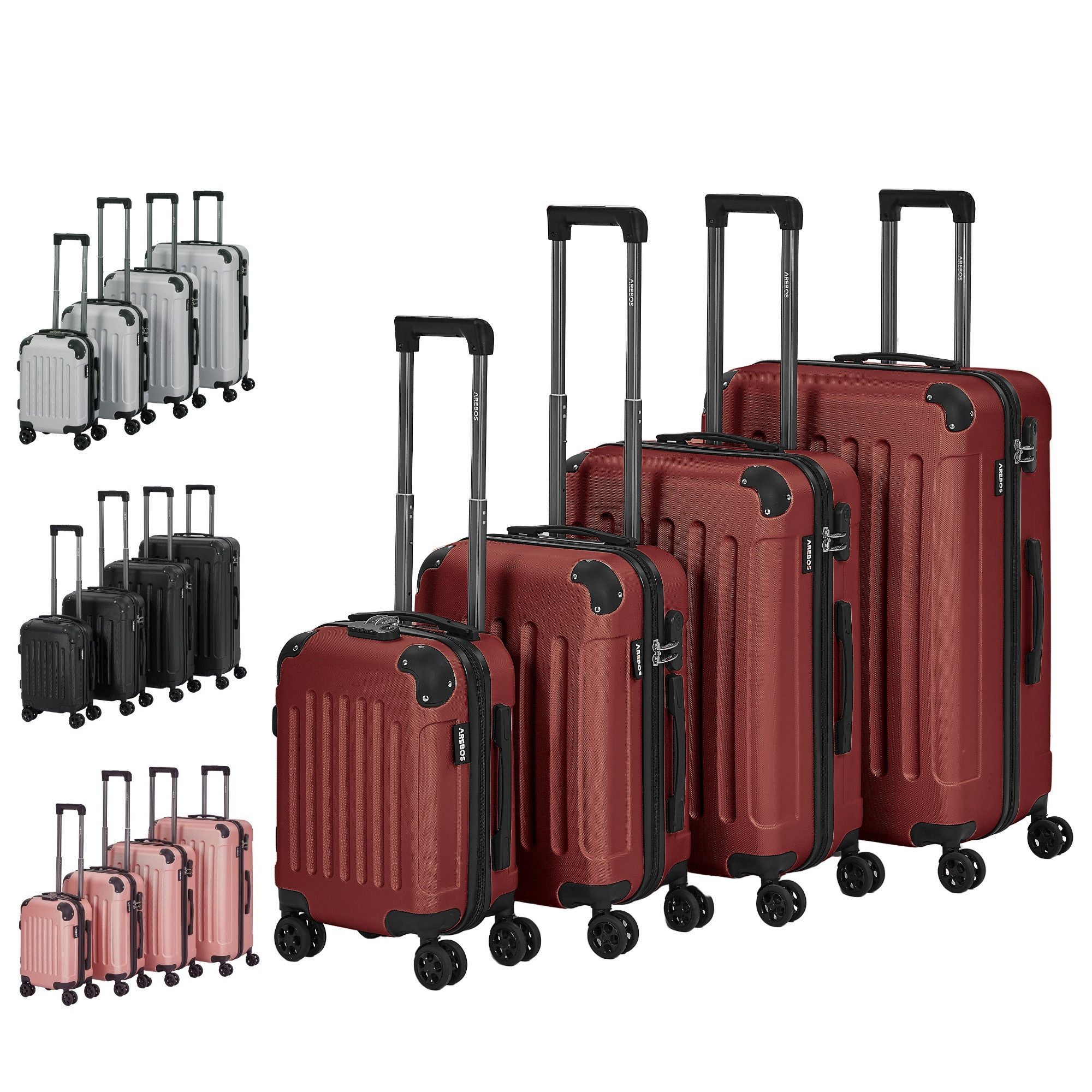 Arebos Kofferset Reisekoffer 4er Set Hartschalen Koffer Trolley S-M-L-XL-Set, 4 Rollen, (Set, Rot), Teleskopstange