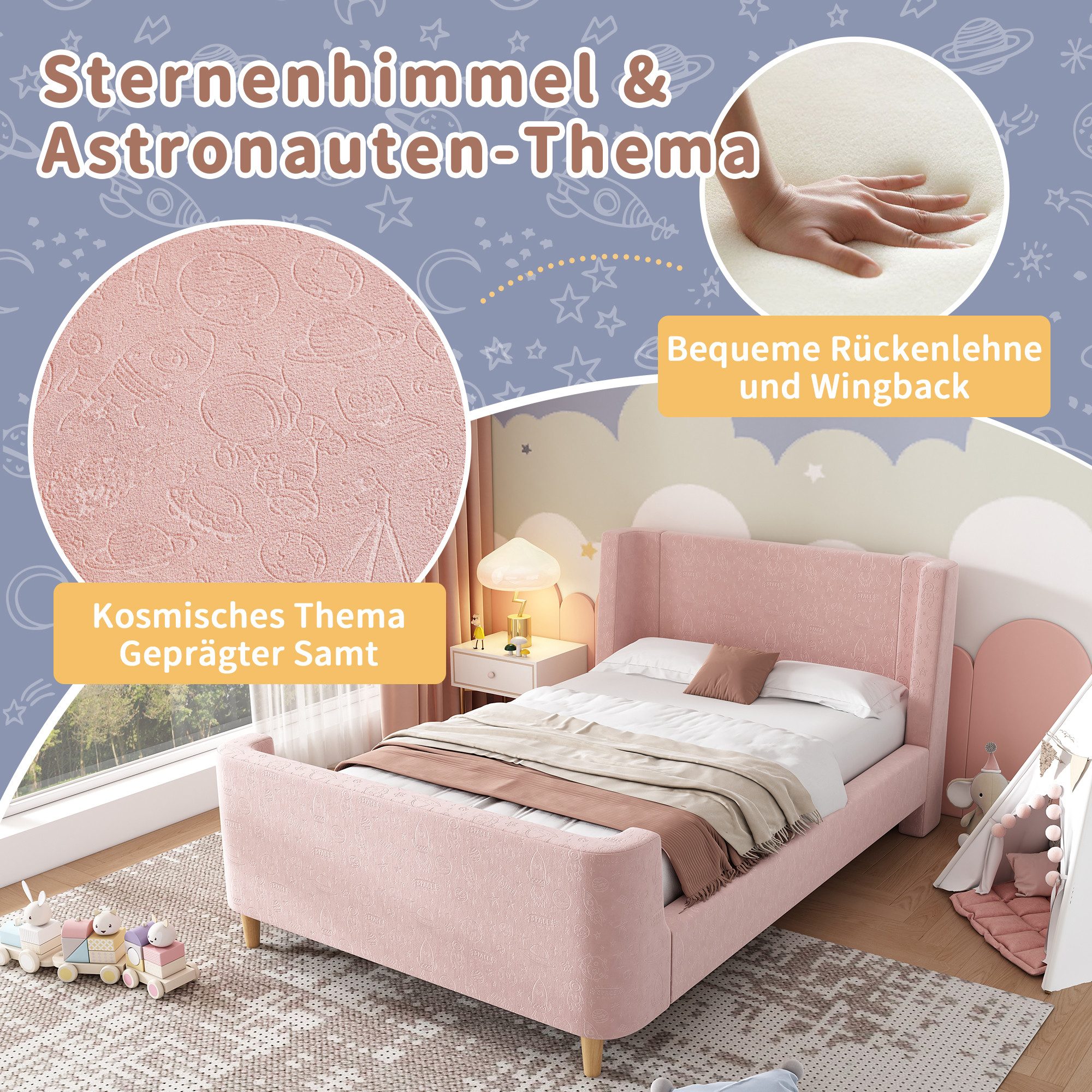 BlingBin Einzelbett (1-tlg., Kinderbett Polsterbett 90 x 200 cm mit kosmischem Muster), Für Jungen & Mädchen, Samt (Ohne Matratze)