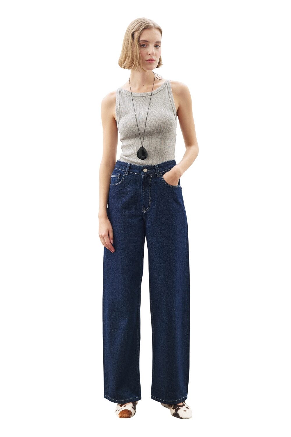 MANUKA Straight-Jeans WEITE JEANS MIT ZIERN UND KNÖPFEN INDIGO