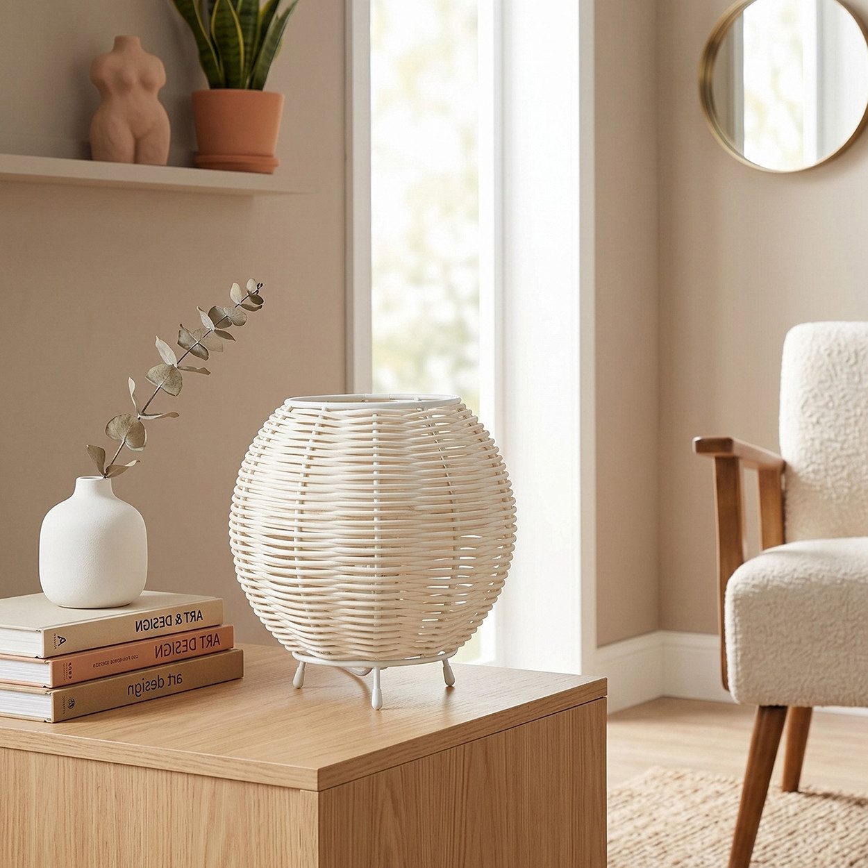 hofstein Tischleuchte Tischlampe aus Metall/Rattan in Beige/Weiß, ohne Leuchtmittel, Schirm aus Rattan (16 cm), An/-Auschalter, 1x E14, ohne Leuchtmittel