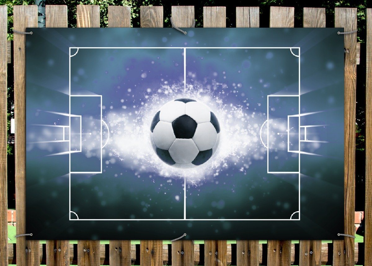 Thumbnail - Wallario Sichtschutzzaunmatten Fußball - Spielfeld in Flammen in blau